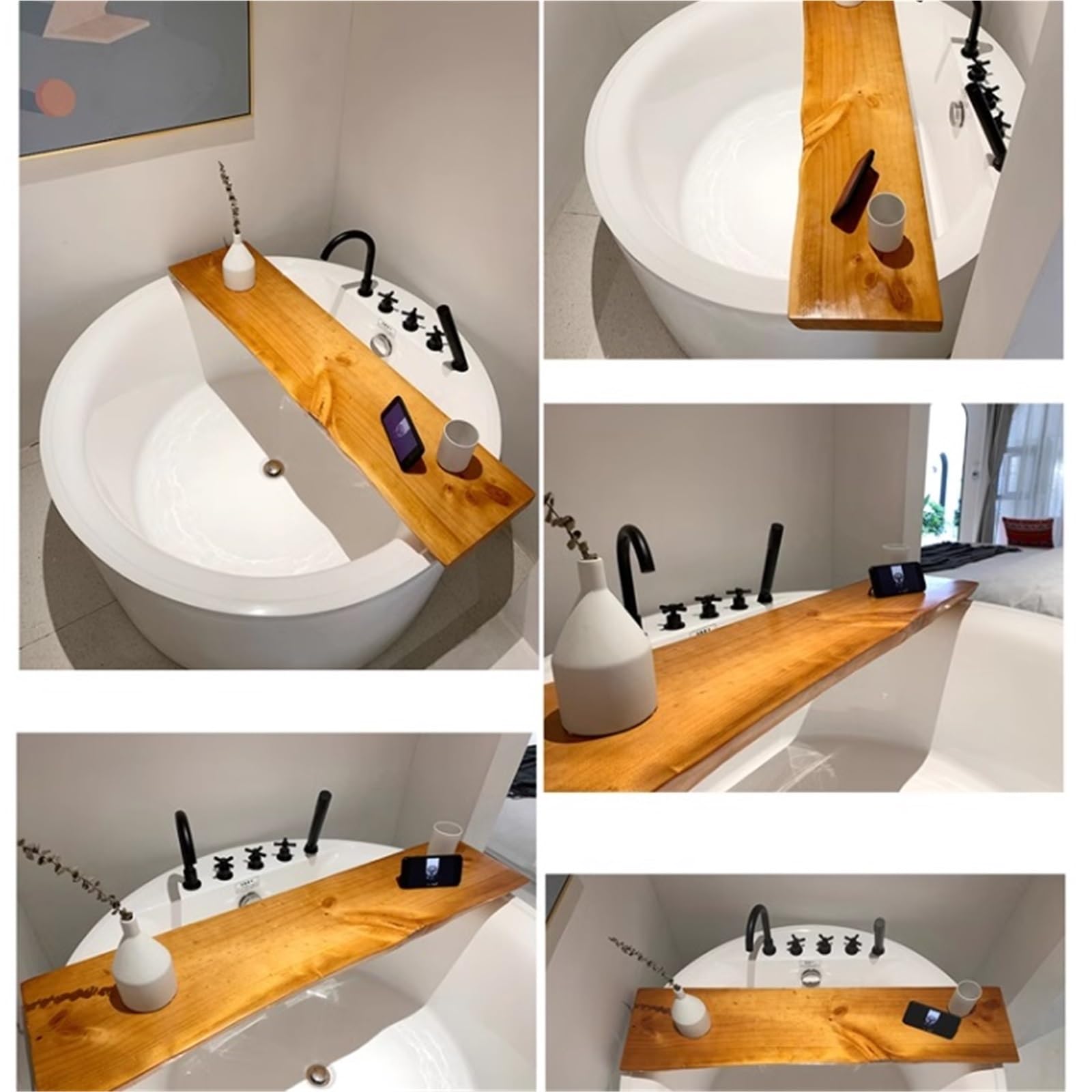 Bandeja de bambú para bañera con soporte para copas de vino, bandeja de bañera ajustable para libros, tabletas, se adapta a la mayoría de tinas de 80 a 100 cm, diseño elegante de madera