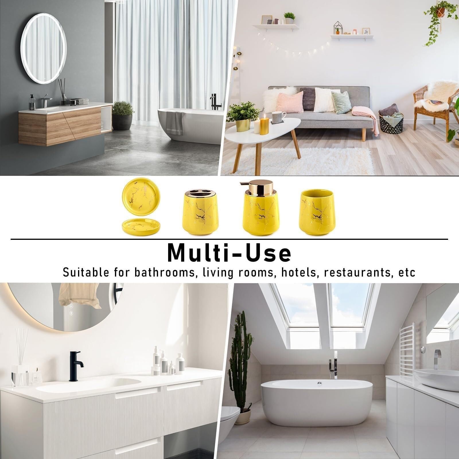 Set di accessori per il bagno Set di lavaggio con dispenser sapone in marmo, pompa for lozione for le mani, portaspazzolino e bicchieri Arredamento per gli affittuari(Yellow Four Piece)