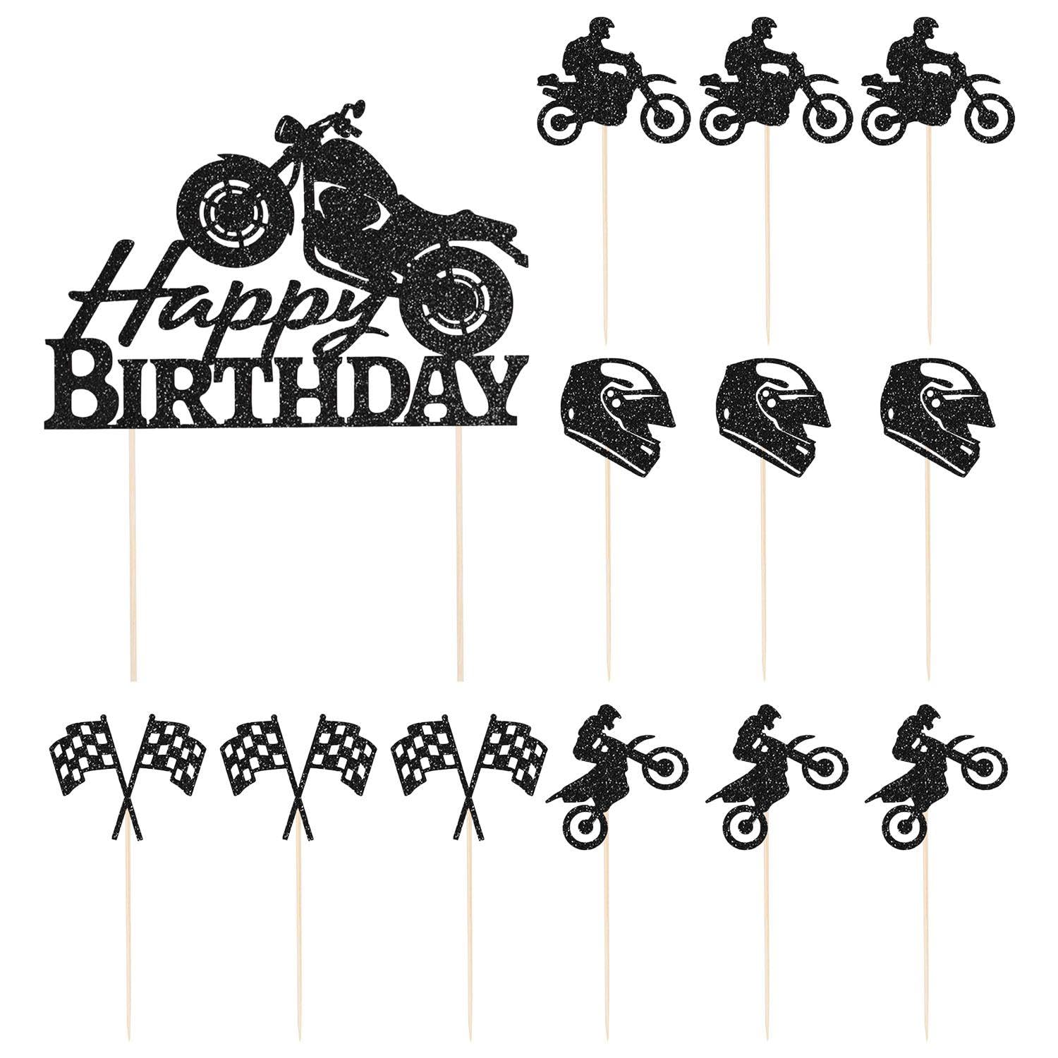Hinfhi Black 13 Pieces Motorcycle Card Inserts, Cartoon Racing Plug-Ins, Birthday Cake Decorations, Sports Theme Card Inserts, Party Decoration Supplies.