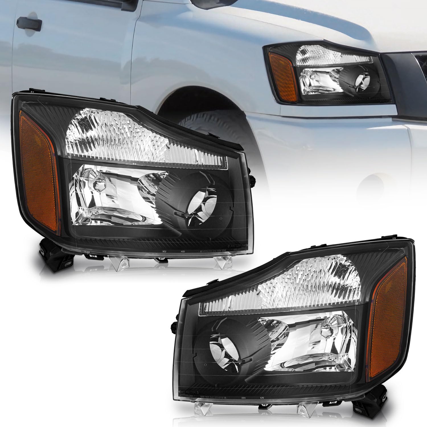 Headlights for 2004-2015 Nissan Titan / 2004 Pathfinder Armada, Headlight Assembly Compatible with 2005-2007 Armada Headlamp Replacement Black housing Amber Reflector