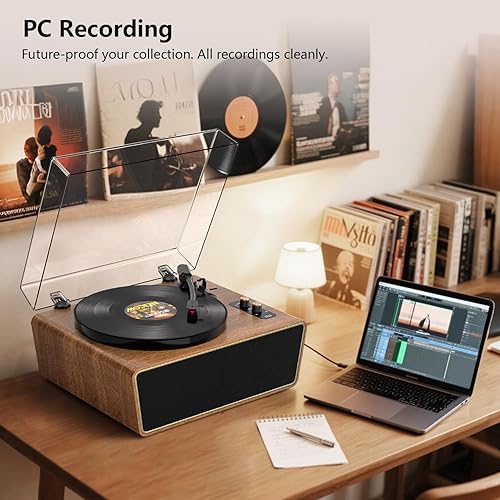 Miniatura 3 de Tocadiscos Bluetooth, tocadiscos vintage de 3 velocidades con altavoces dobles de agudos y bajos, grabación USB a PC, preamplificador de teléfono,
