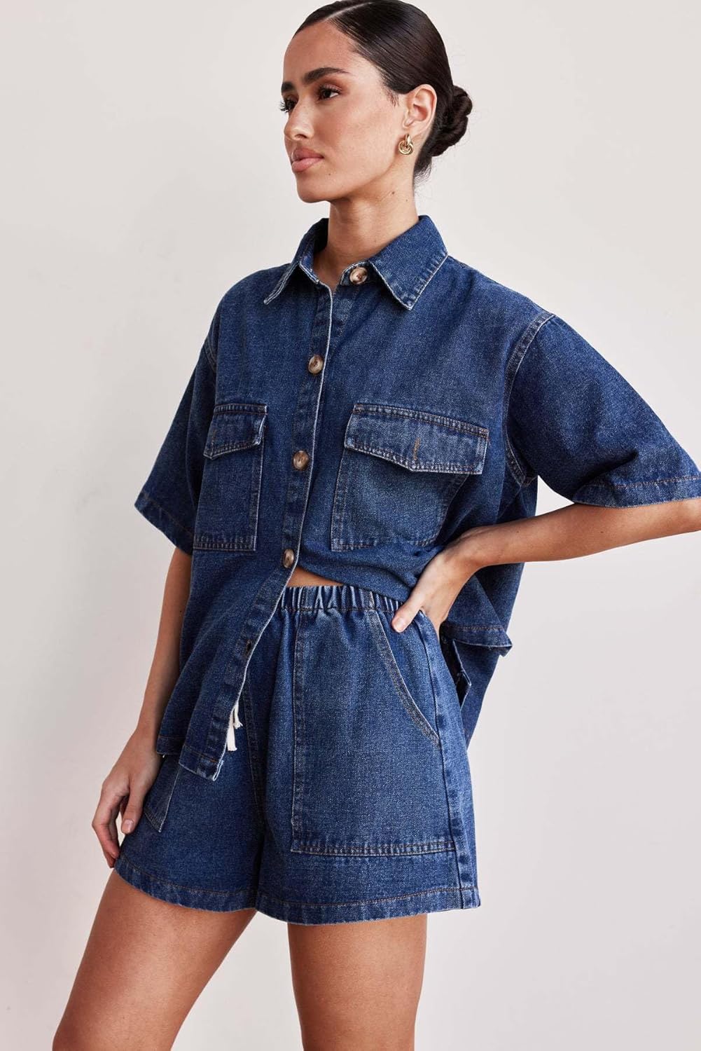 Molilove Women's Denim 2 Piece Outfits Short Sleeve Button Down Shirt Drawstring Shorts Set Casual Jean Outfits Two Piece Set - Image 3