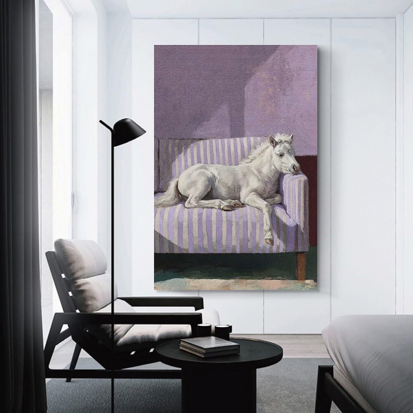 Junmoney Unframe-Style-14 Horse Resting On Striped Purple Couch Wall Art Print 24X36inch(60X90cm), For Gallery Wall Layouts In Home Or Office, An Easy Match For Collected Prints