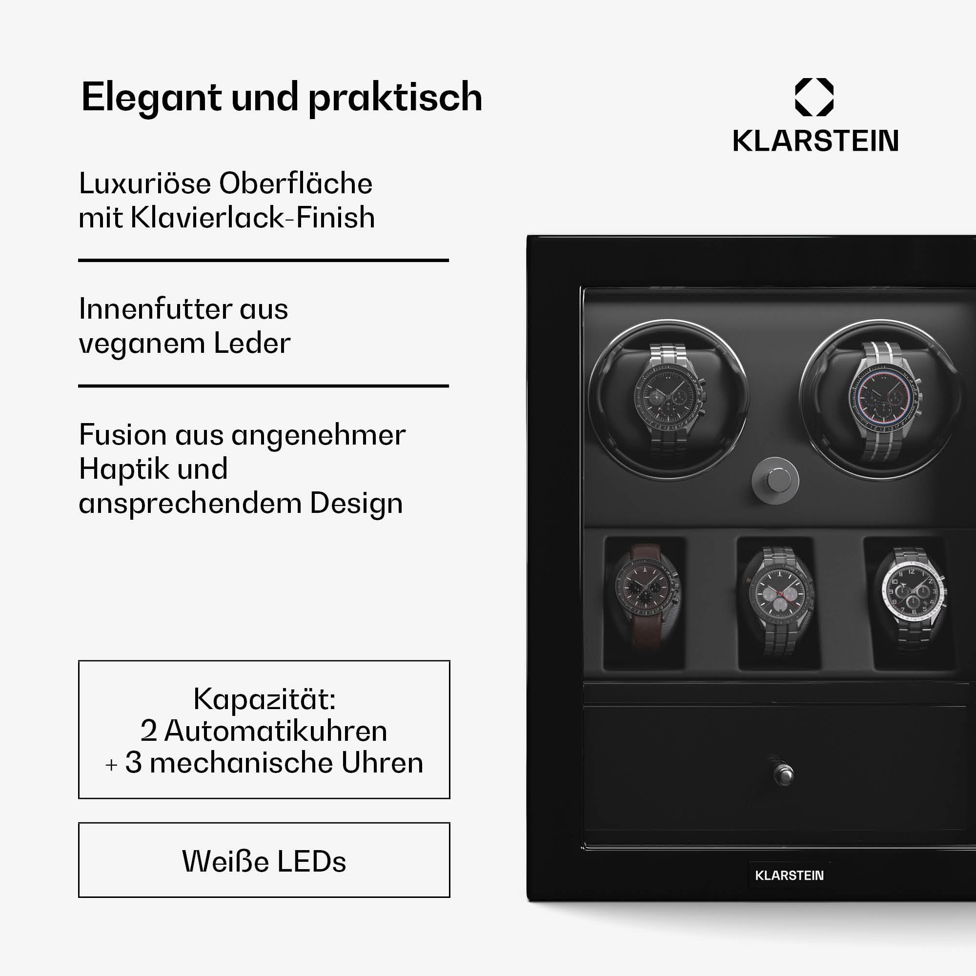 Klarstein ChronoVault Uhrenbeweger für 5 Uhren – Automatik-Uhrenbeweger mit Leisem Japanischem Motor, Veganes Leder, 4 Rotationsmodi & 3 Richtungen, LED-Beleuchtung & Schmuckschublade