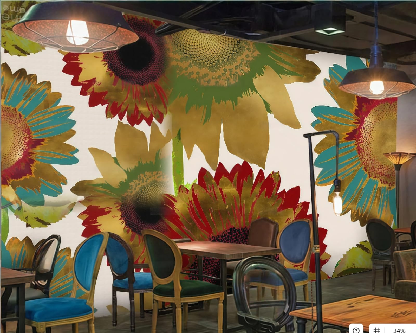 Rskjdghshd 3D Wallpaper Retro Gold Foil Sunflower Parquet Themed Beverage Shop Bar Western Restaurant Background Wall Mural Afternoon Tea Coffee Shop Wallpaper,,250X175cm