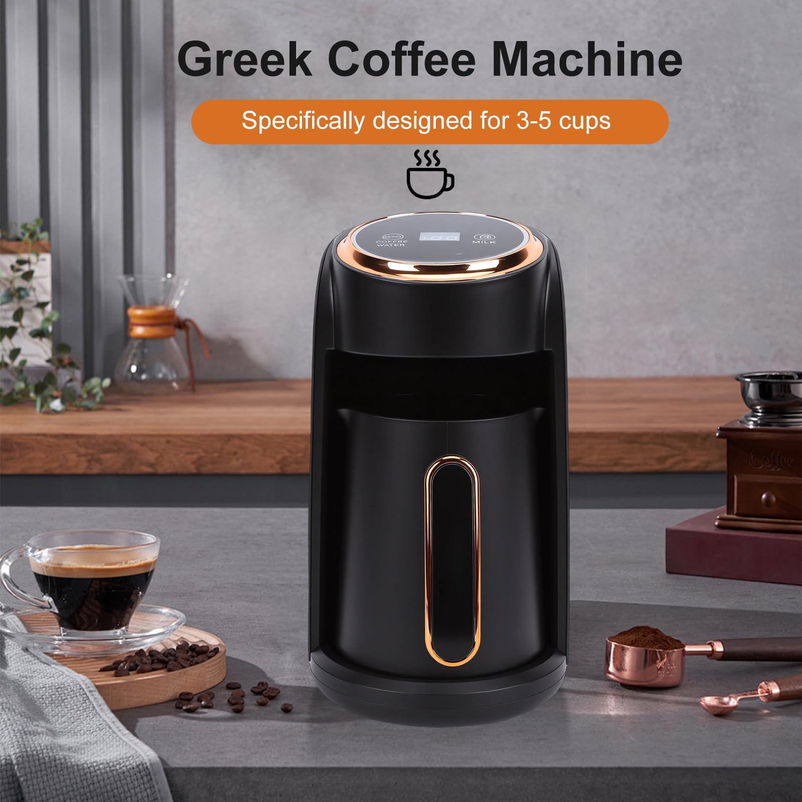 Cafetera Eléctrica para Café Griego, 600 W de Potencia de Vapor, Capacidad para 3-5 Tazas, Diseño Compacto, Depósito de 0,5 L, Espumador de Leche para Latte y Capuchino