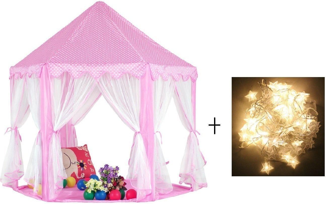 percross Kids Fairy Princess Castle Tents Hexagon Girls Playhouse Indoor Extra Large Fun Room (Battery Star Lights)