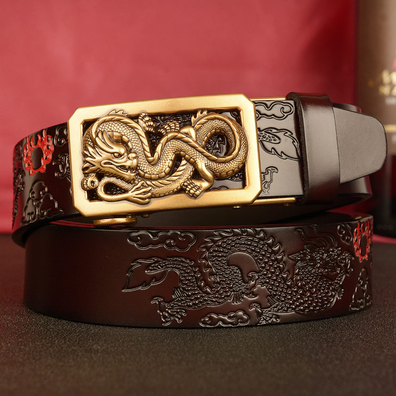 Cinturón De Trinquete For Hombre 3,5 Cm Cuero Genuino Con Hebilla Deslizante Automática Y Escultura Dragón Dorado Hueco Grabado