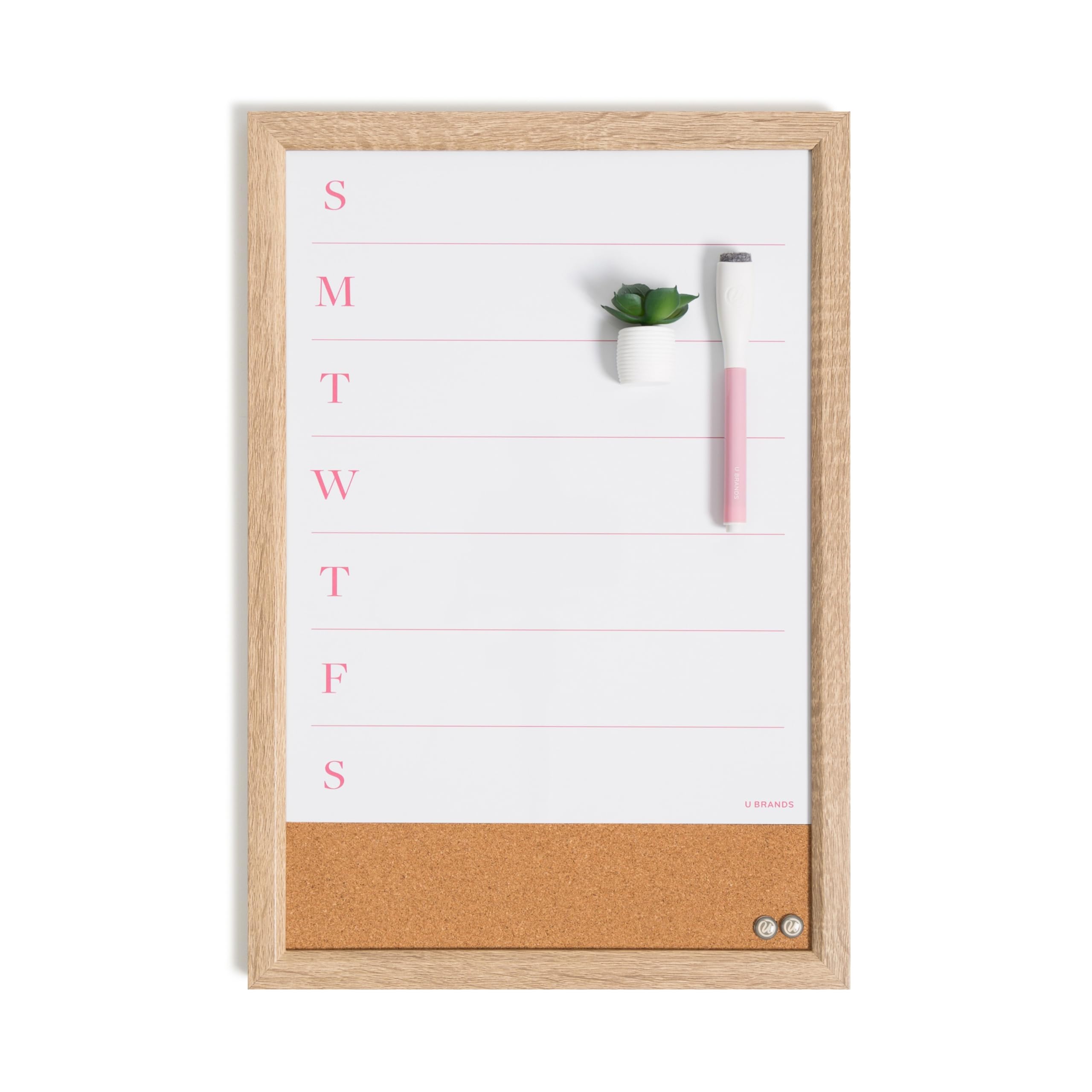 U Brands Framed Magnetic Weekly Dry Erase Calendar Combo Board, 16"x11", Wood Style Frame, Includes Magnetic Dry Erase Marker with Eraser Top, Succulent Magnet, and 2 Push Pins