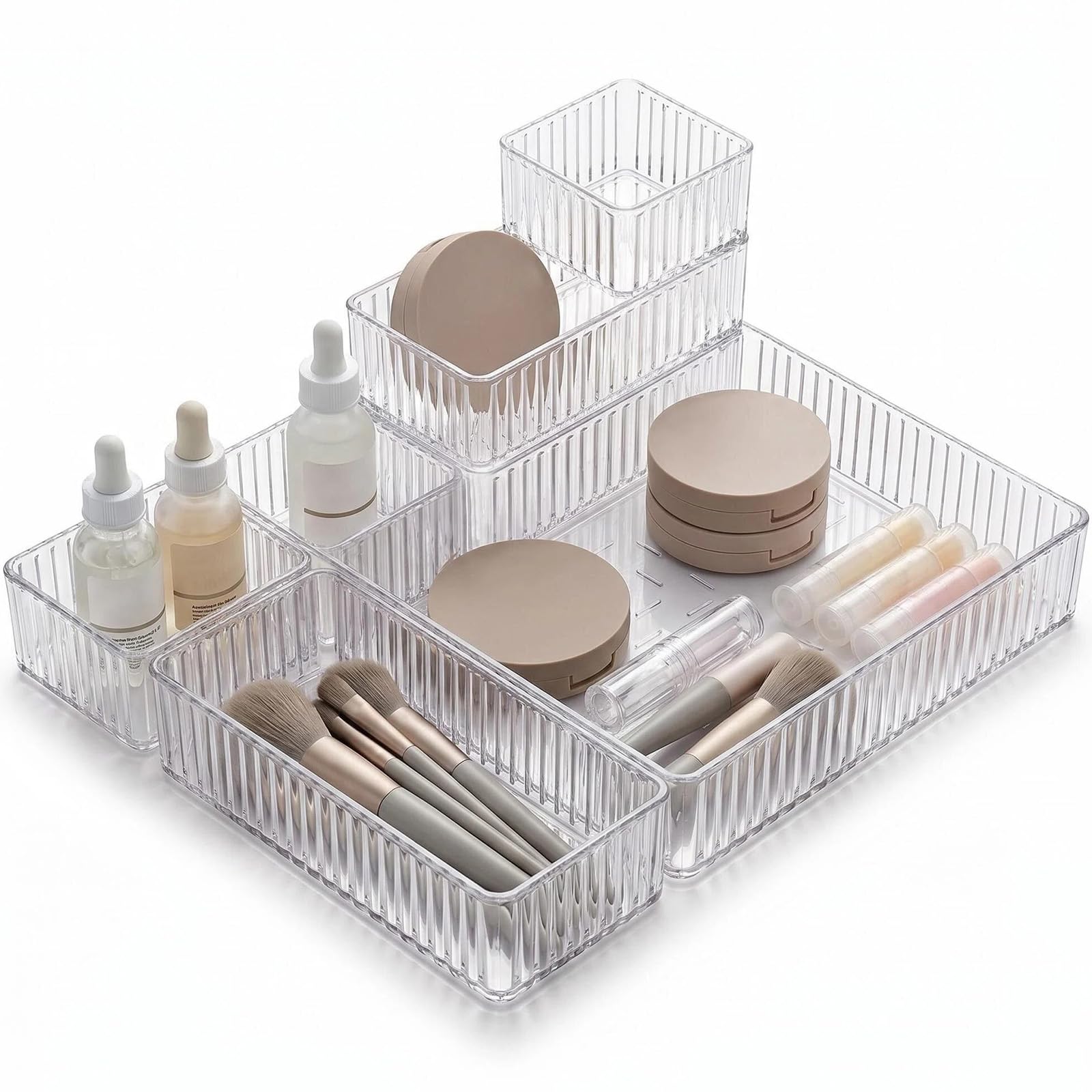 CHUNGG Drawer Organiser, Clear Makeup Drawer Dividers, Kitchen Storage Organisation for Vanity, Desk, Bedroom & Bathroom (7PCS)