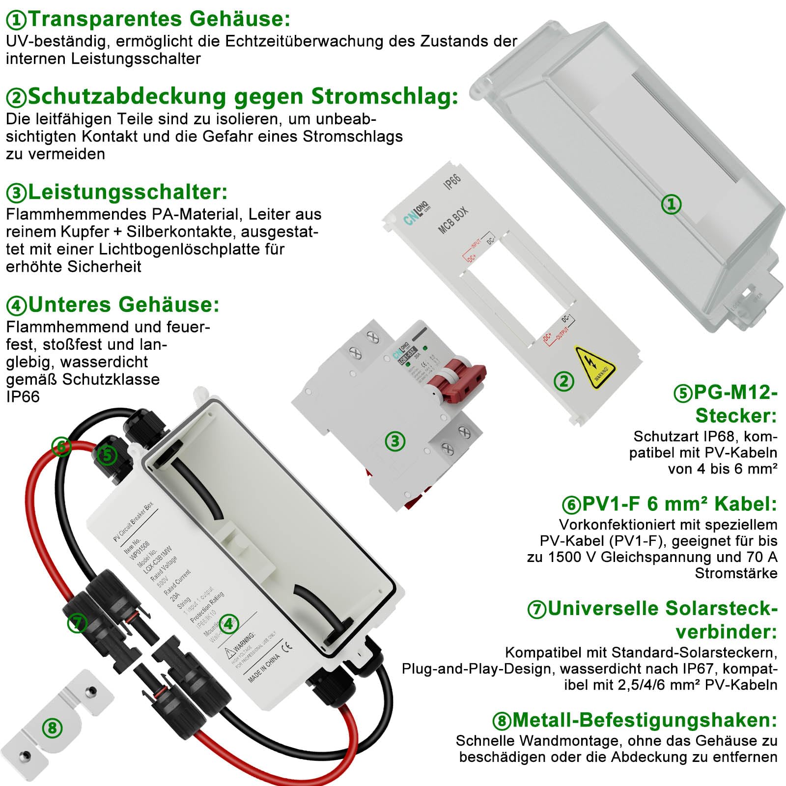 CNLONQ DC Trennschalter PV Anlage 20A 500V Sicherungsautomat 2polig IP66 Wasserdicht mit Solar Kabel und Metallhaken für Solarmodule, Einspeisesteckdose und Balkonkraftwerk