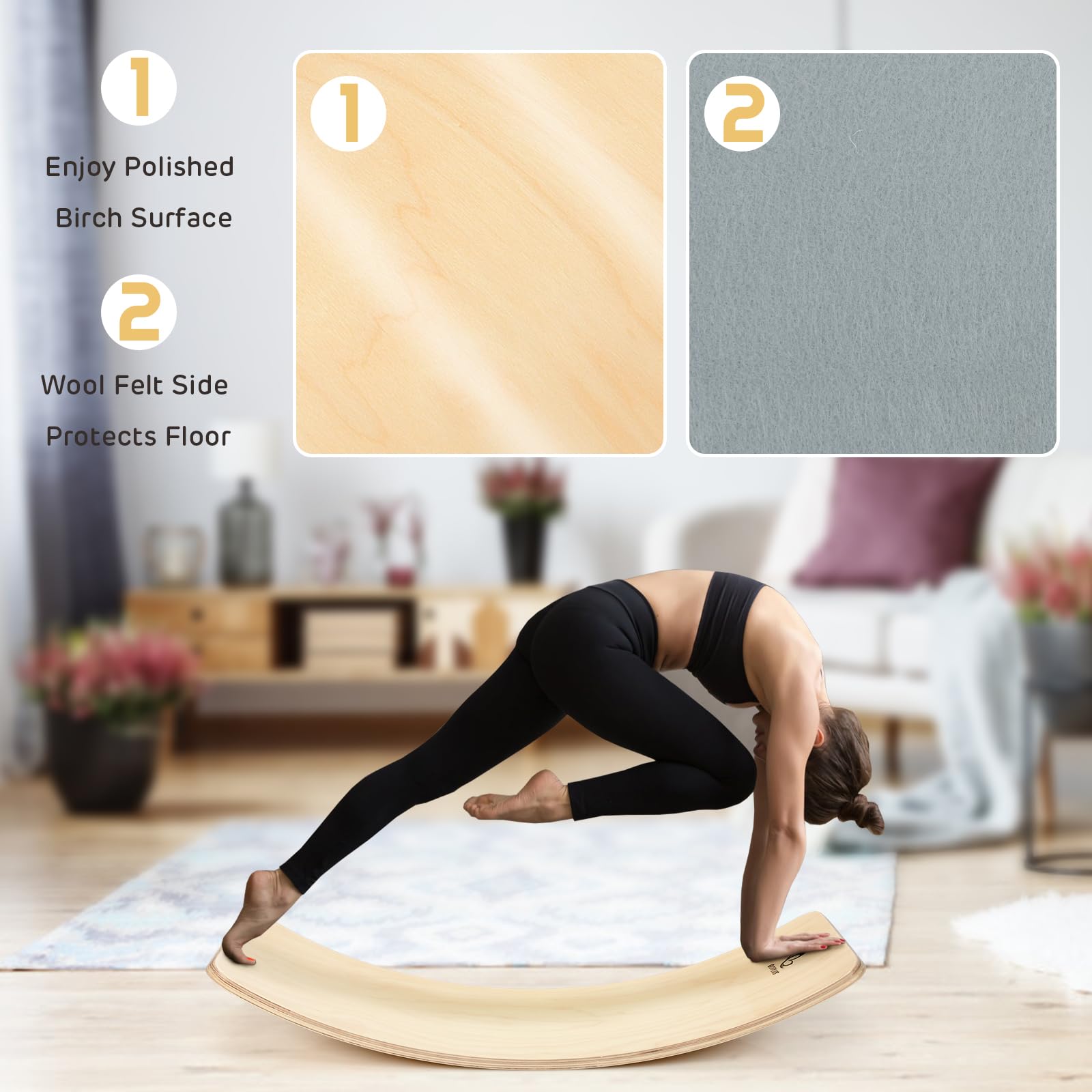 KOMFOTTEU Tavola di bilanciamento in legno, con flitz, curva, per bilancio, Balance Board fino a 220 kg, per bambini e adulti