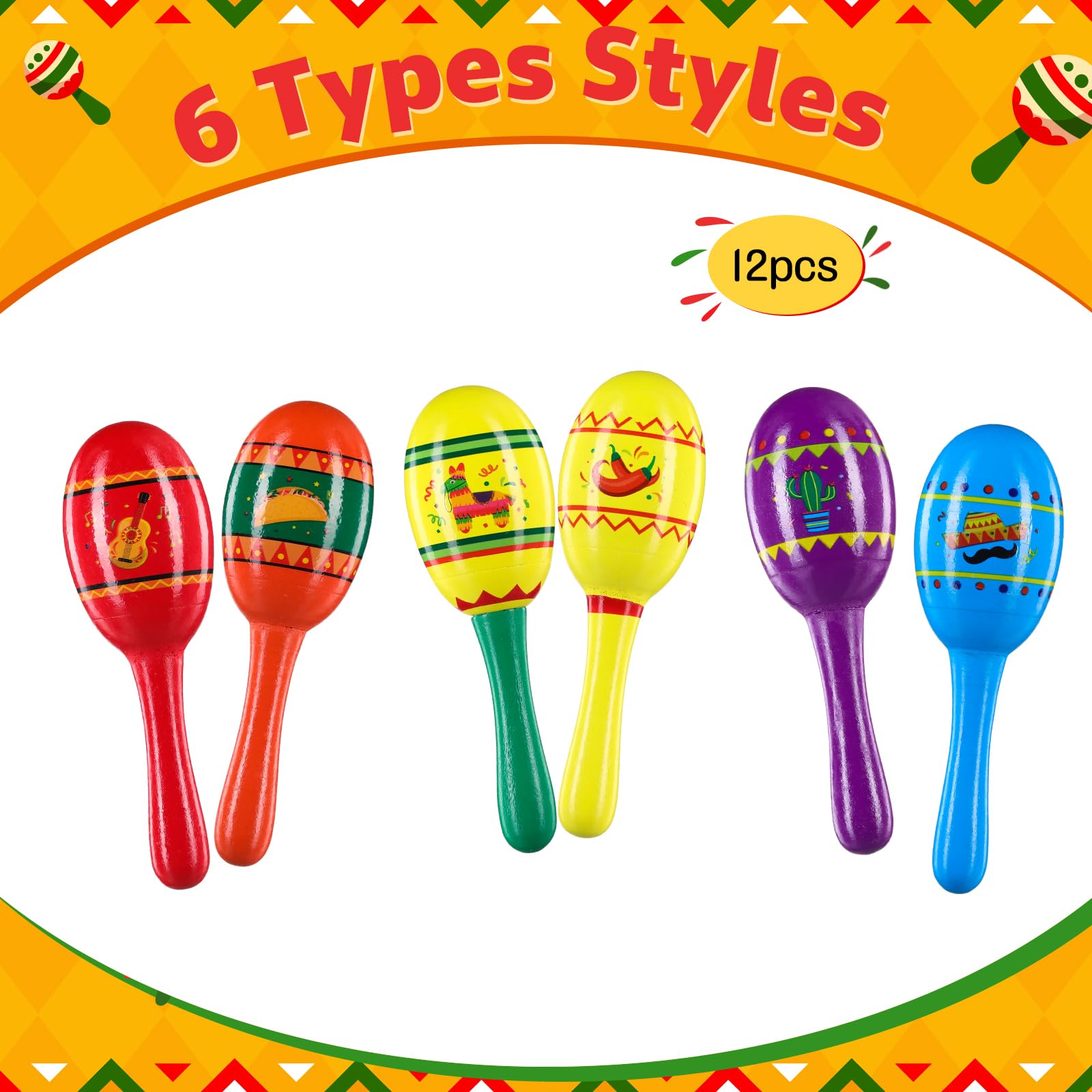 Hungdao Mexican Fiesta Wooden Maracas for Boys and Girls Cinco De Mayo Sombrero Piñata Taco Guitar Chili Cactus Wood Mini Maracas 6 Designs Noisemaker for Mexican Fiesta Party Favors(12 Pcs)