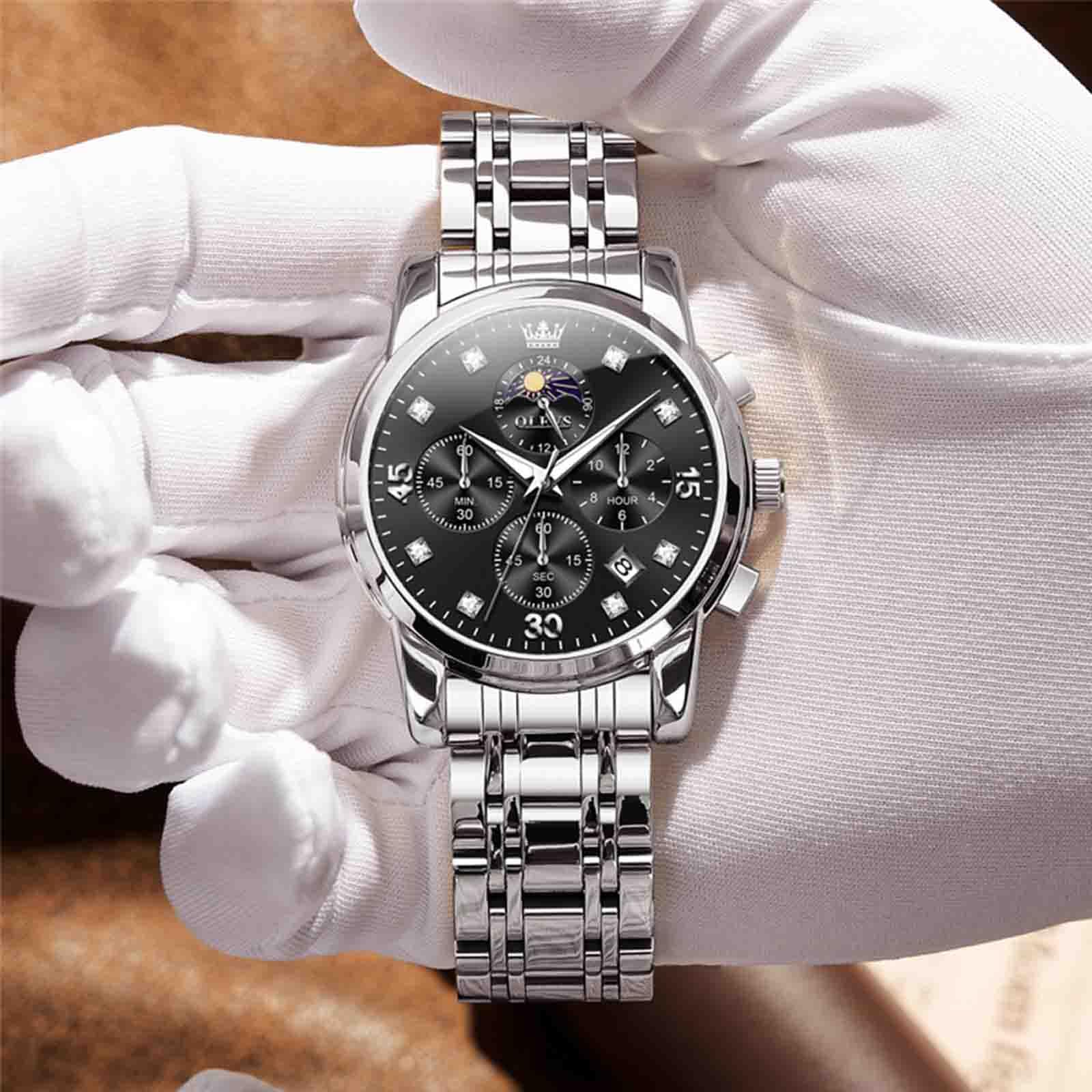OLEVS Montre Multifonction pour Homme, Multi-Cadrans, étanche, chronographe Lumineux avec Date, Montre en Acier Inoxydable pour Homme, Montres de Luxe à Phase de Lune