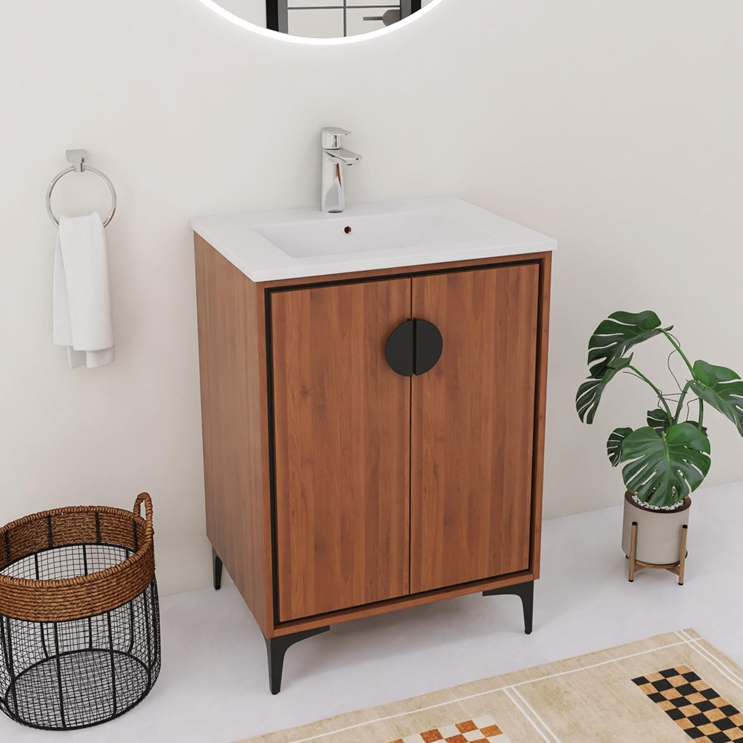 24 Inch Freestanding Bathroom Vanity, 24" Bathroom Vanity with Sink,Modern Single Sink Vanity Combo,Brown Floor Standing Cabinet Set
