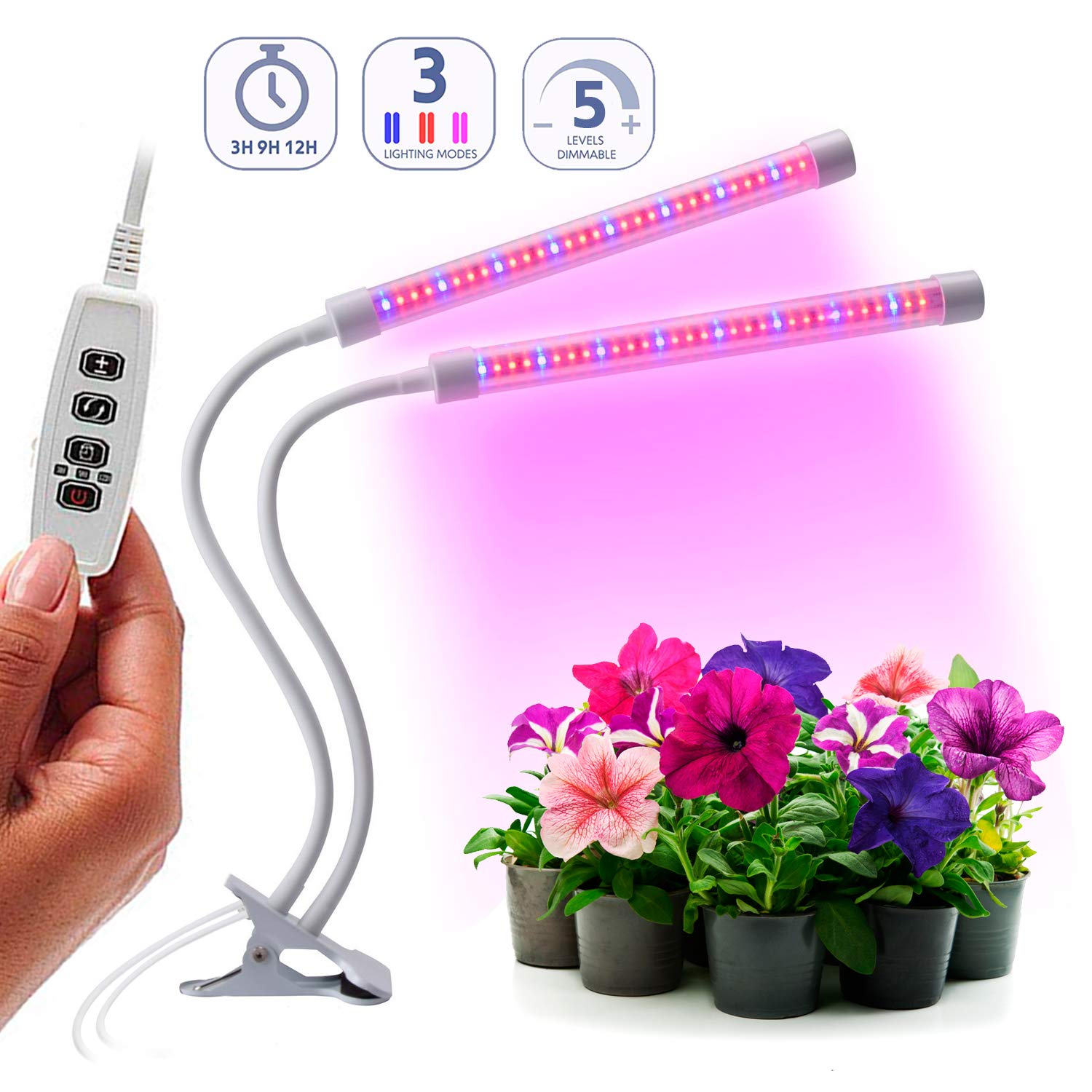 [Auto On/Off Smart Timer] Plant Grow Light Kit 18W Dual Head 64 LEDs Timing Lamp with Red/Blue Spectrum Bulbs for Indoor and Greenhouse Plants, IP64 Waterproof Flexible Double Tubes, 5 Dimmable levels