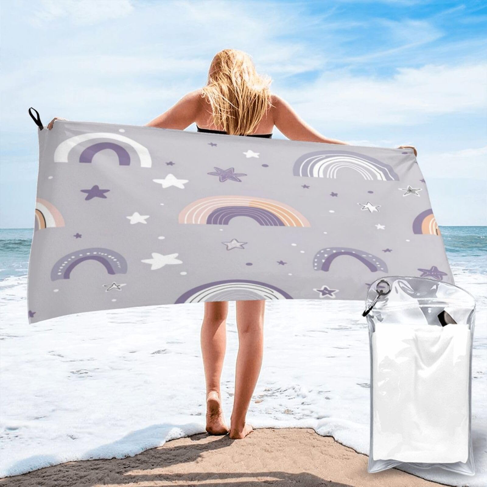 Anceky Pastel Rainbow Star Pattern Background Quick Dry Microfiber Travel Towel with Carry Case and Carabiner 27.5"X55"