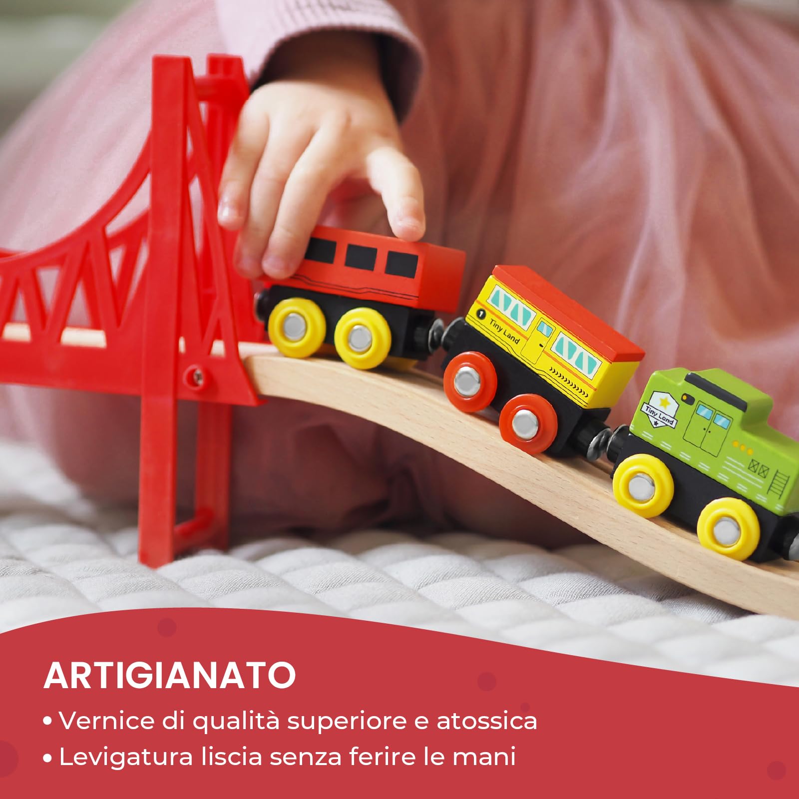Tiny Land Set ferroviario ferroviario in legno, 110 pezzi, trenino giocattolo per ragazzi e ragazze con binari in legno, giocattolo in legno per bambini e bambini dai 3 ai 7 anni