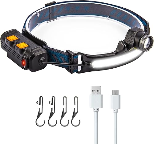 Lámpara de cabeza LED de haz ancho de 270, linterna frontal recargable con 6 modos de iluminación, sensor de movimiento, diadema LED con zoom para