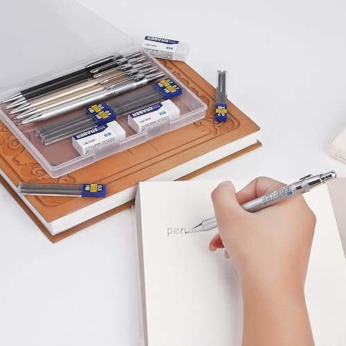 Miniatura 6 de ITAWIXS Juego de 6 lápices mecánicos de metal, lápices mecánicos estéticos de 0.5 y 0.028 in con 6 tubos de repuestos de plomo HB, 3 borradores,