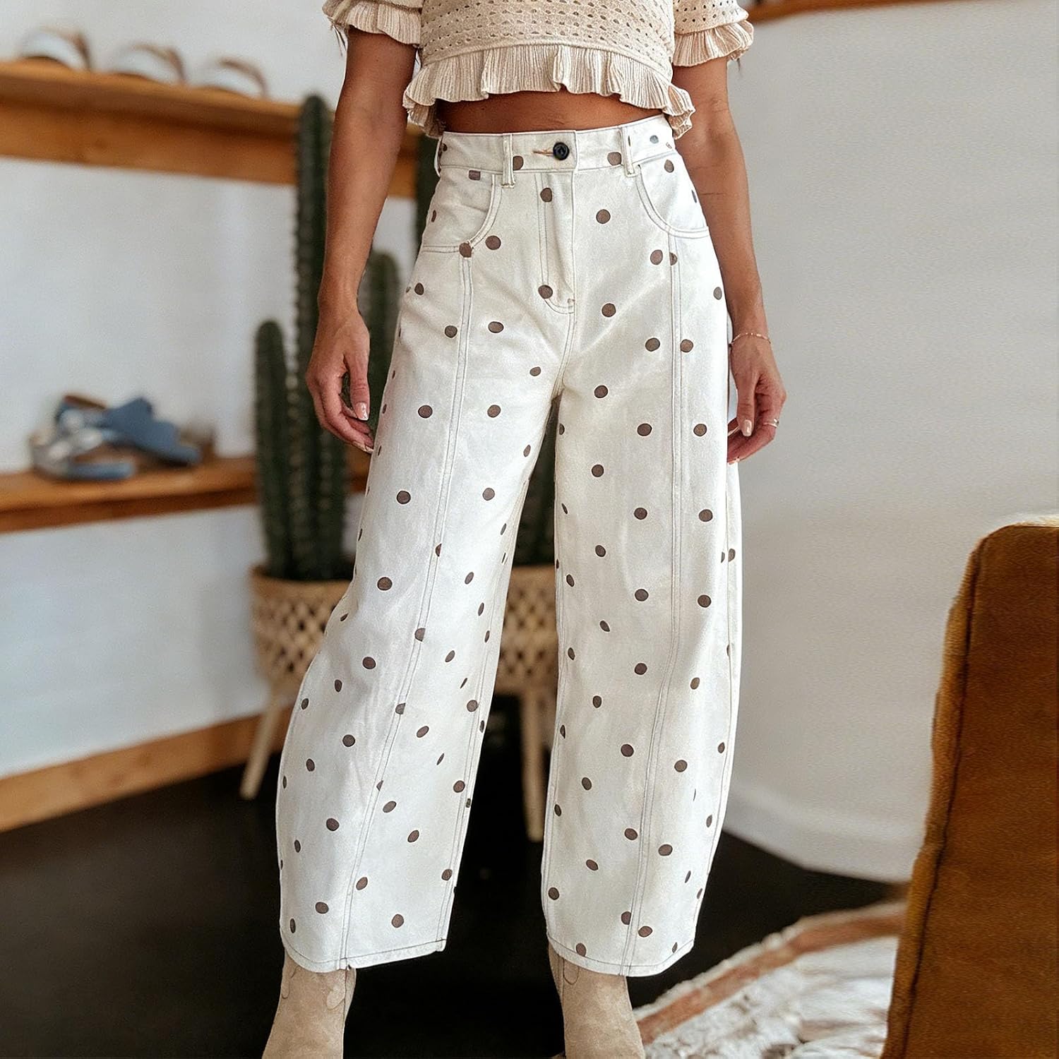 Yoawdats Women's Polka Dot Pattern Barrel Jeans Casual Wide Leg Mid Rise Denim Pants Y2K Boyfriend Cute Jeans image 2