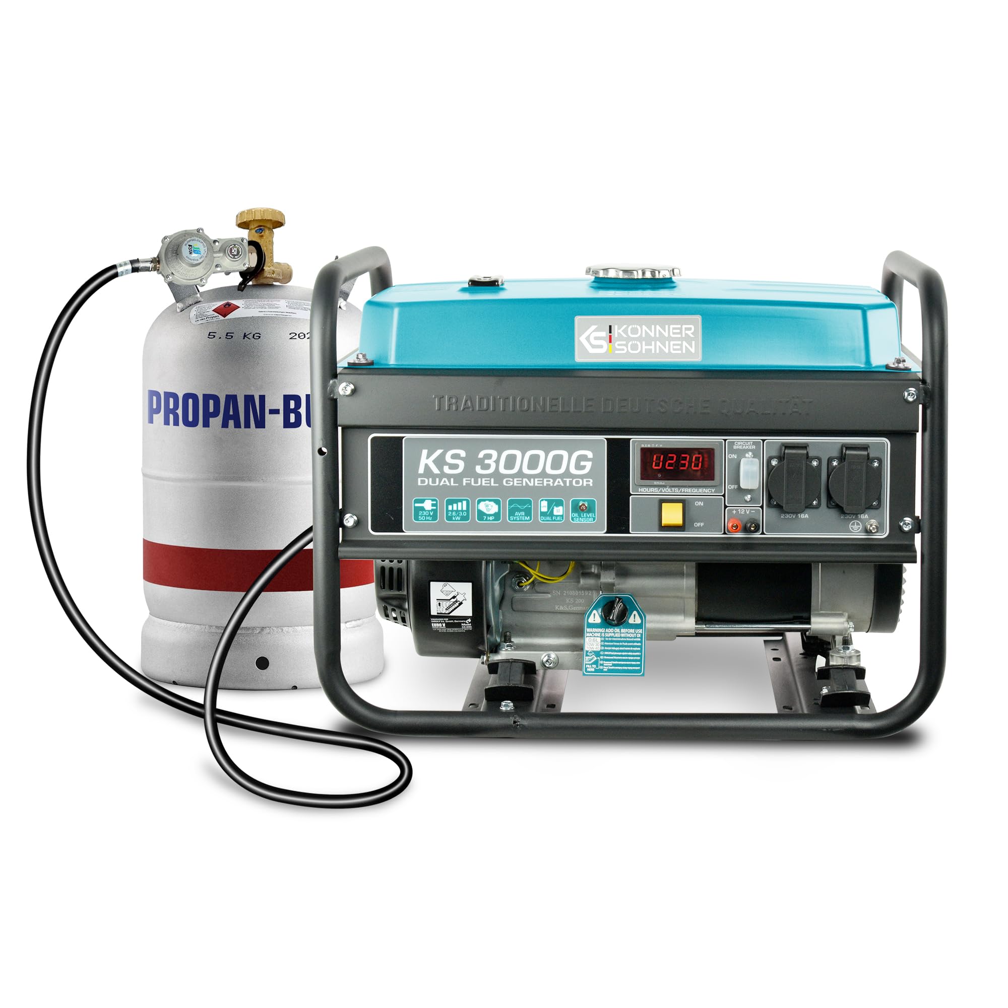Könner & Söhnen KS 3000G - Hybrid Benzin-LPG 4-Takt Stromerzeuger, Kupfer Generatoren 3000 Watt, 16A, 230V, Generator für Kleinhaus, Garage oder Camping