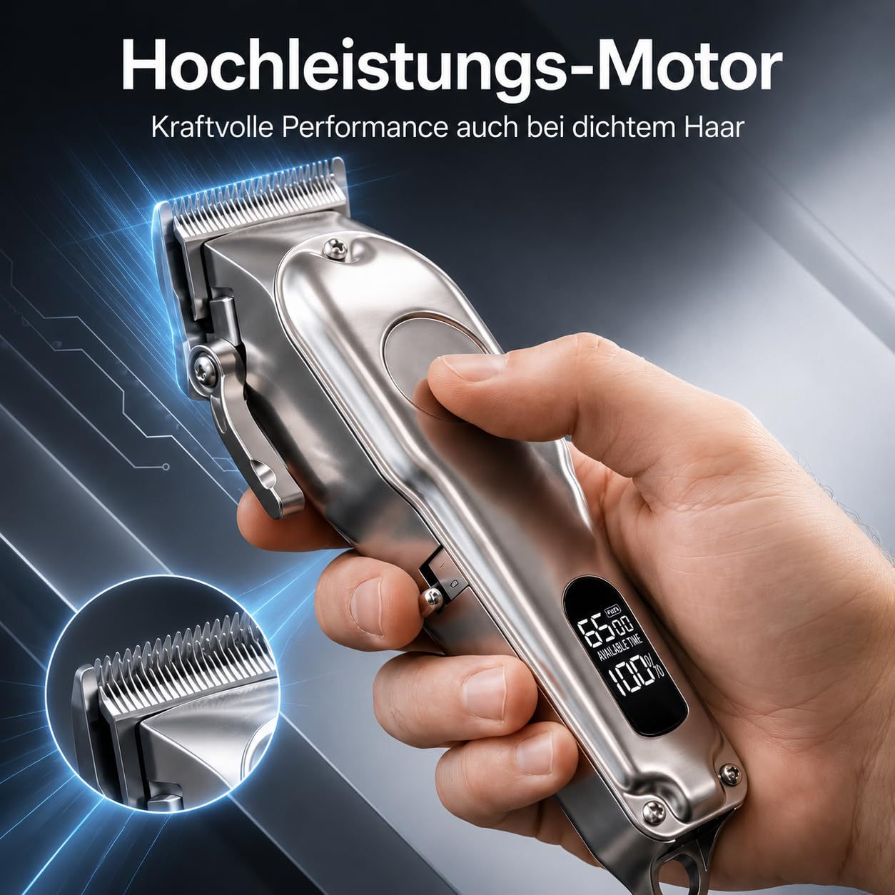 ProTrim 2.0 Haarschneider mit LCD und Edelstahlklingen für Haar und Bart | LCD-Farbdisplay, Edelstahlklingen, 8 Kämme von 3 bis 25 mm und bis zu 180 Minuten Laufzeit für flexible Pflege.