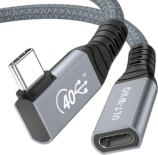 Right Angle USB4 Extension Cable, 40Gbps & 100W 90 Degree USB C Data Cable, Thunderbolt 3/4 Extension Cable, Support 8K/6K@60Hz or Dual 4K Video for Thunderbolt Dock, Mac Studio, XPS, Intel NUC
