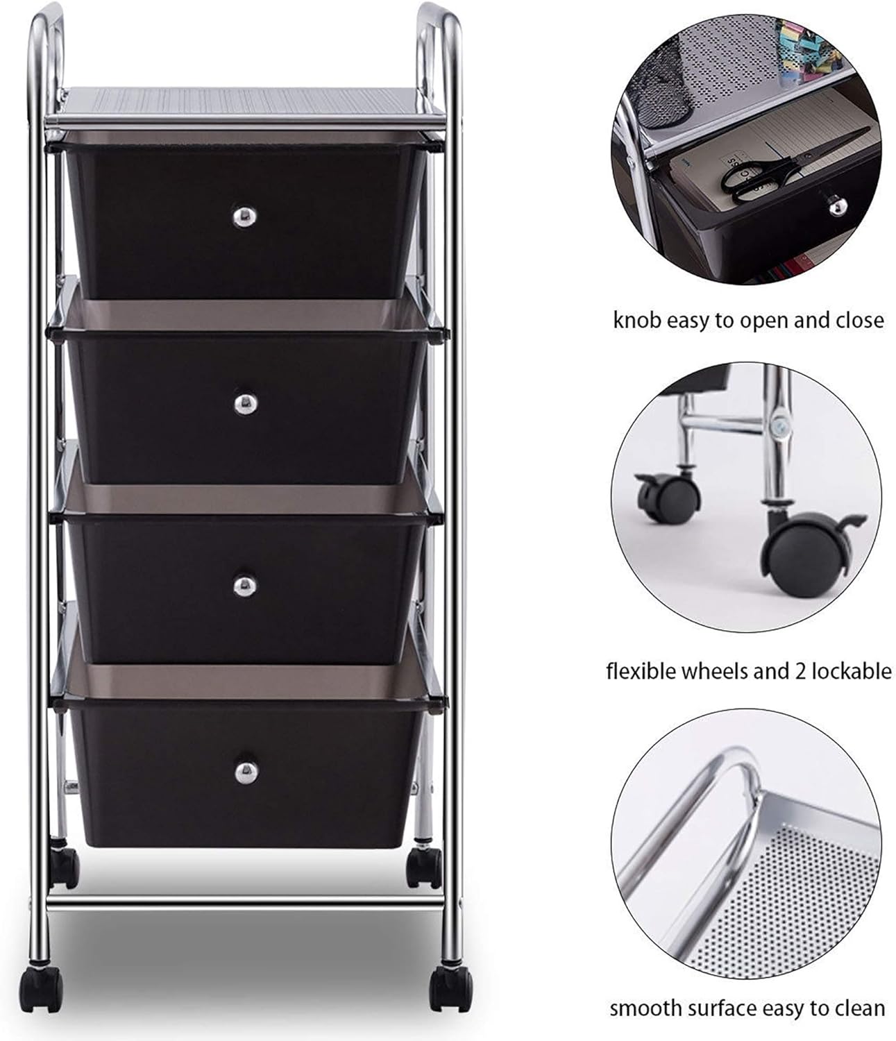 Unknown1 4 Drawers Cart Storage Bin Organizer Rolling Black Modern Contemporary Plastic