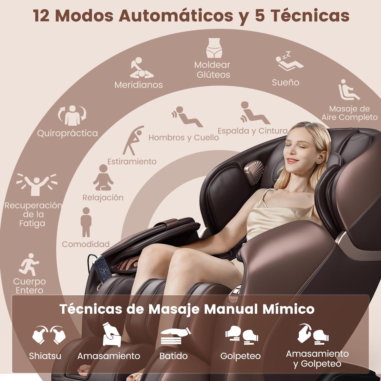 COSTWAY Sillón de Masaje de Cuerpo Completo, Silla Shiatsu Gravedad Cero con Sistema de Masaje de Aire y Calefacción Incorporado, Reclinable con Control de Voz y Altavoz Bluetooth (Marrón)