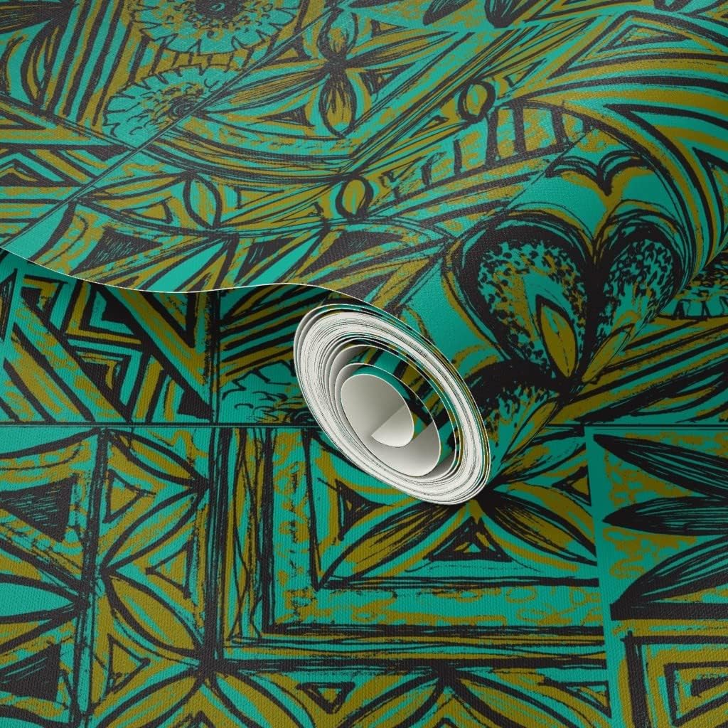 Peel & Stick Wallpaper 3ft x 2ft - Olive Ocean Hawaiian Vintage Tiki Mid Century Mod Black Custom Removable Wallpaper by Spoonflower