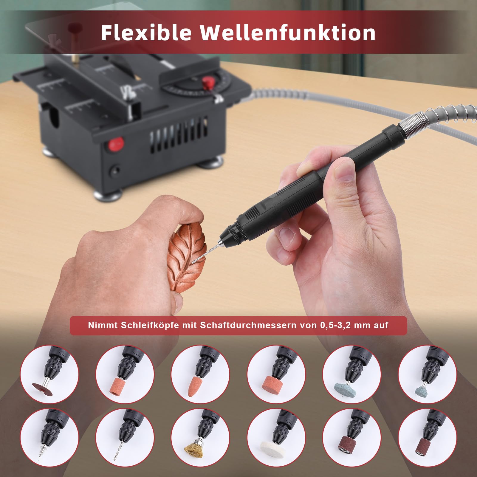 Mini tischkreissäge,100W mini kreissäge mit 4 Klingen,0,1-16 mm Einstellbarer Sägeblatthöhe,7-Gang-Drehzahlregelung,Multifunktionale tischsäge mit Flexwelle & Drehscheibe für Schleifen/Polieren/Bohrer