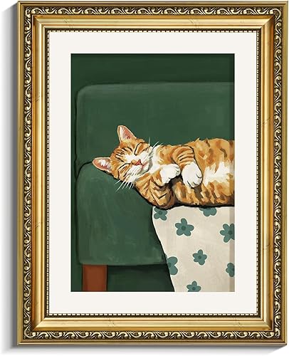 VIYYIEA Lienzo enmarcado dorado para la pared, impresión artística acogedora de gato dormido, bonita decoración retro vintage verde naranja para