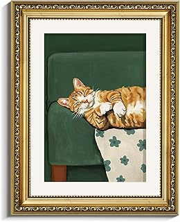 VIYYIEA Gold Framed Canvas Wall Art, Cozy Sleeping Cat Art Print, Cute Retro Vintage Green Orange Decor for Bedroom Reading Nook Living Room, Cat Lover Gift, 11x14 Inch