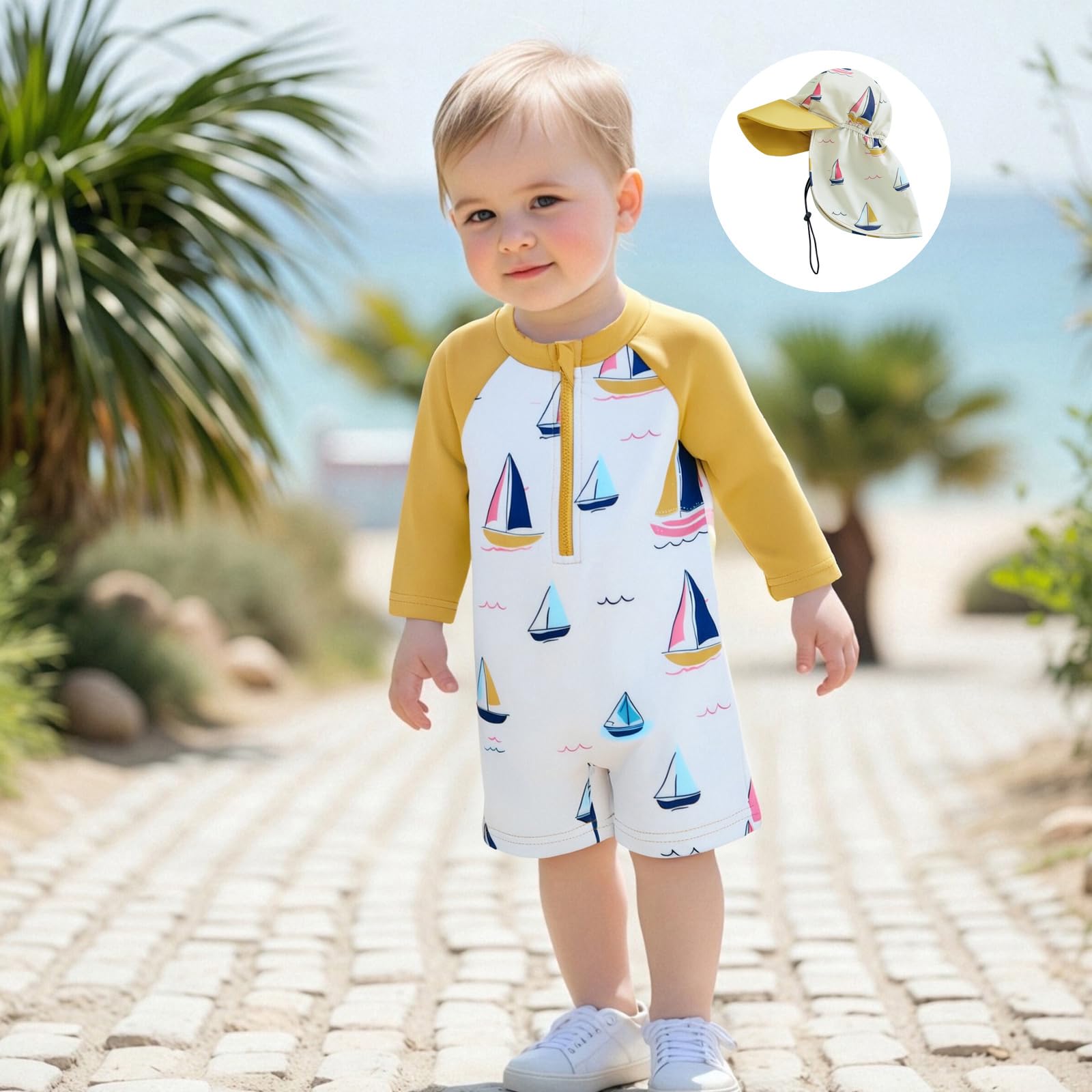 Toddler Little Boys Swimsuit One Piece Zipper Up Sailboat Print Long Sleeve Swimwear Rash Guard with Sun Hat (Yellow, 2-3 Years)