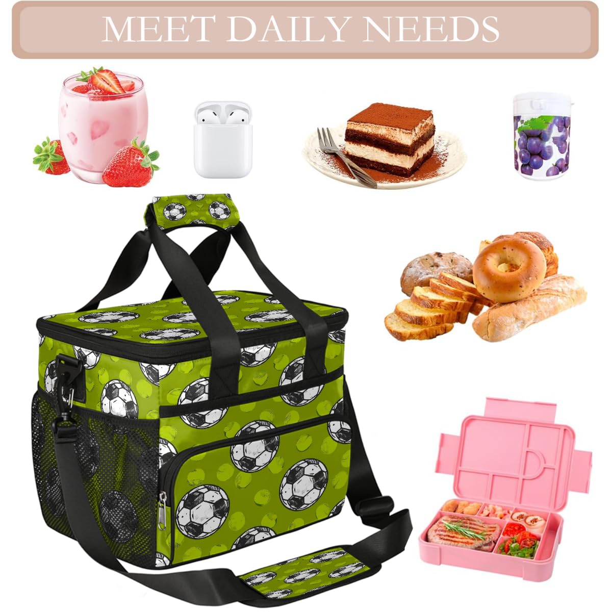 Mexpekil Borsa termica per il pranzo riutilizzabile a prova di perdite, verde, per picnic, picnic, sport, palloni da calcio, borsa termica per donne, uomini, lavoro, campeggio, spiaggia, ufficio, 24