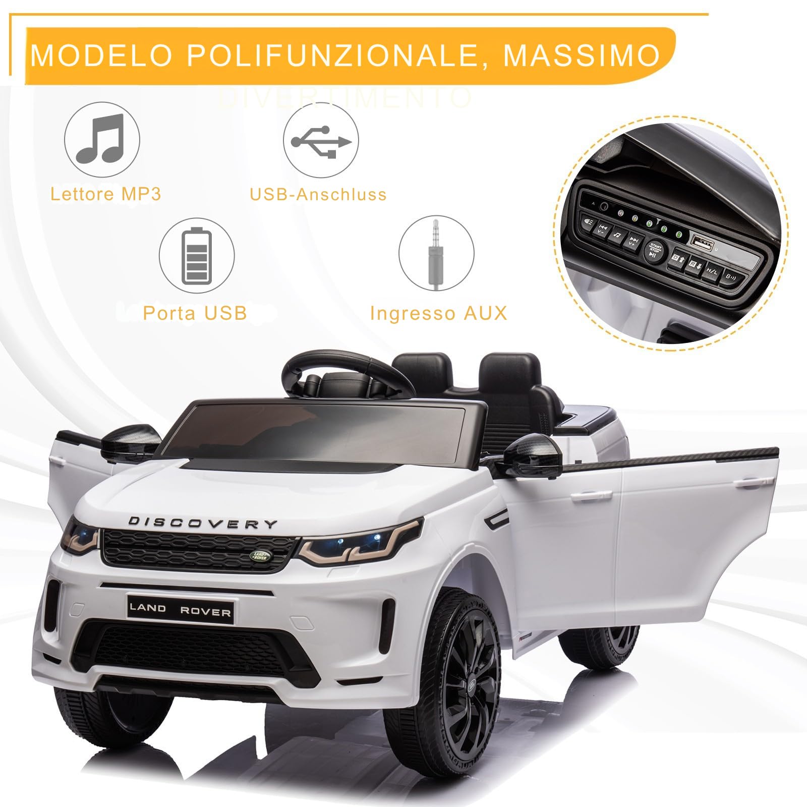 LALAHO Mcchina Elettrica Per Bambini LAND ROVER Discovery Sport 12V con Doppi Motori, 3-5km/h Auto Elettrica per Bambini 3-5 Anni, Sospensioni, MP3, Telecomando (Bianco)