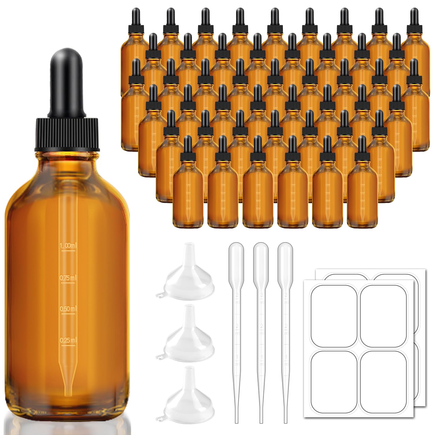 Bumobum Lot de 48 flacons compte-gouttes en verre ambré foncé de 118 ml avec compte-gouttes mesuré pour huiles essentielles avec entonnoir, étiquettes et pipette, flacon de teinture (compte-gouttes en