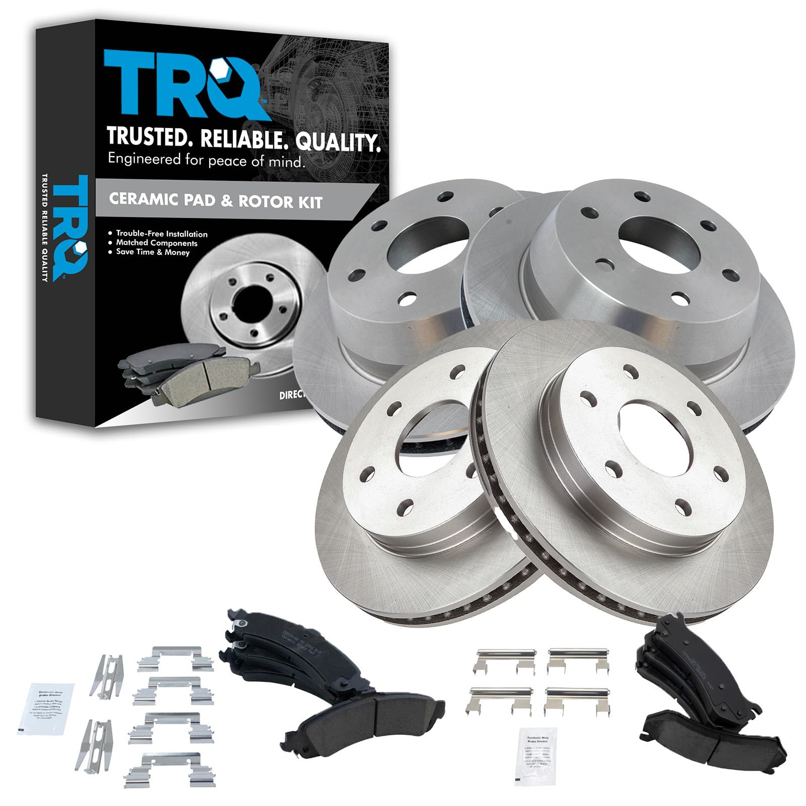 TRQ Front & Rear Premium Posi Ceramic Disc Brake Pads & Rotors Kit Compatible with GM