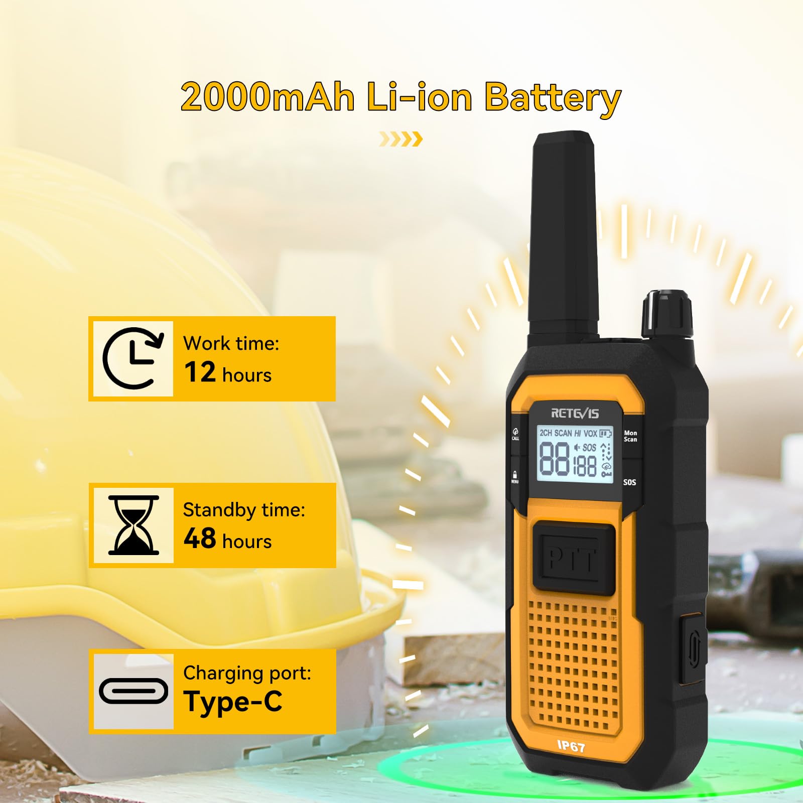 Retevis RB48 Walkie Talkies for Adults, Heavy Duty 2 Way Radios Long Range with Six-Way Charger, IP67 Waterproof, Shock Resistant, Dual PTT, 2000mAh,MIL-STD-810H, for Jobsite Construction(6 Pack) - 5
