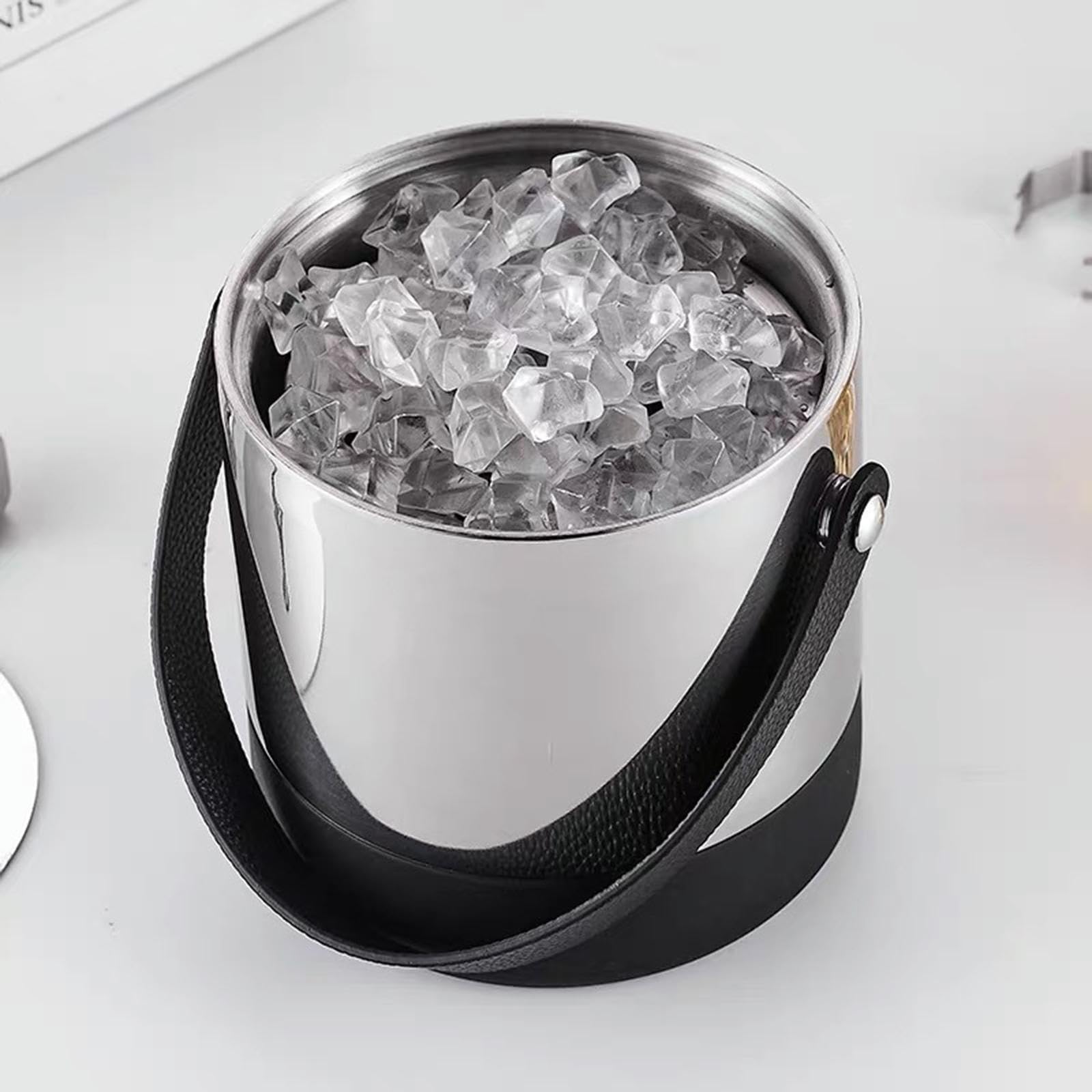 MERIGLARE Cubitera Cubo para Champán Enfriador de Bebidas Recipiente Metálico de Acero Inoxidable con Asa Y Tapa Aislante Adecuado para Fiestas Y Bares, Mango de Cuero Pu, tal como se describe