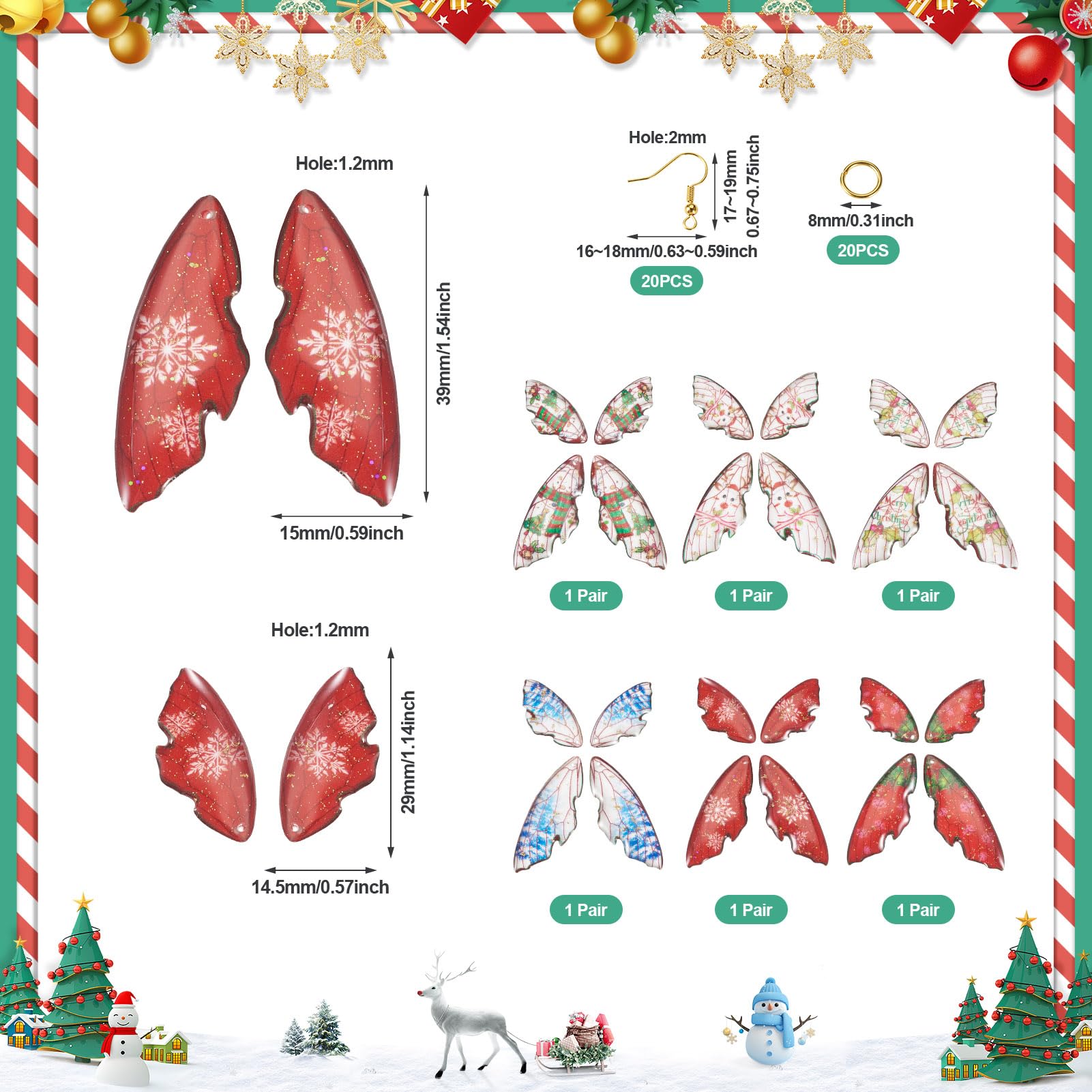 PandaHall 6 works Wings Earring Charms Butterfly Wing Charms Christmas Snowflake Snowman Dangle Wings Earring Pendants for DIY Jewelry Making - Image 3