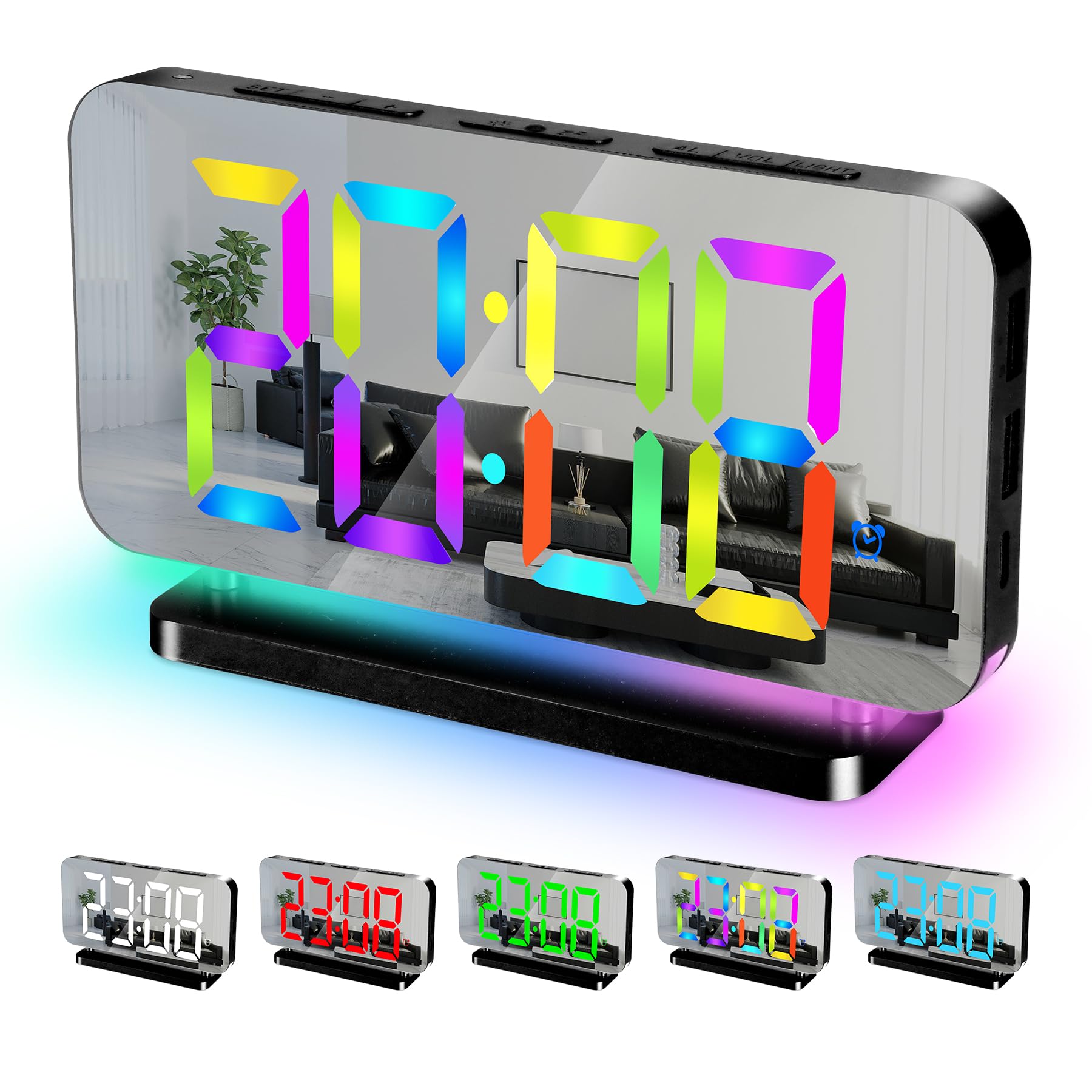Sukeen Alarm Clock, 7.4" LED Digital Clock, Mirror Clock with 11 Colors Time Display, 10 Modes RGB Night Light, USB C Charger Port, Volume, Brightness, Alarm Clocks Bedside for Bedroom Home - Black