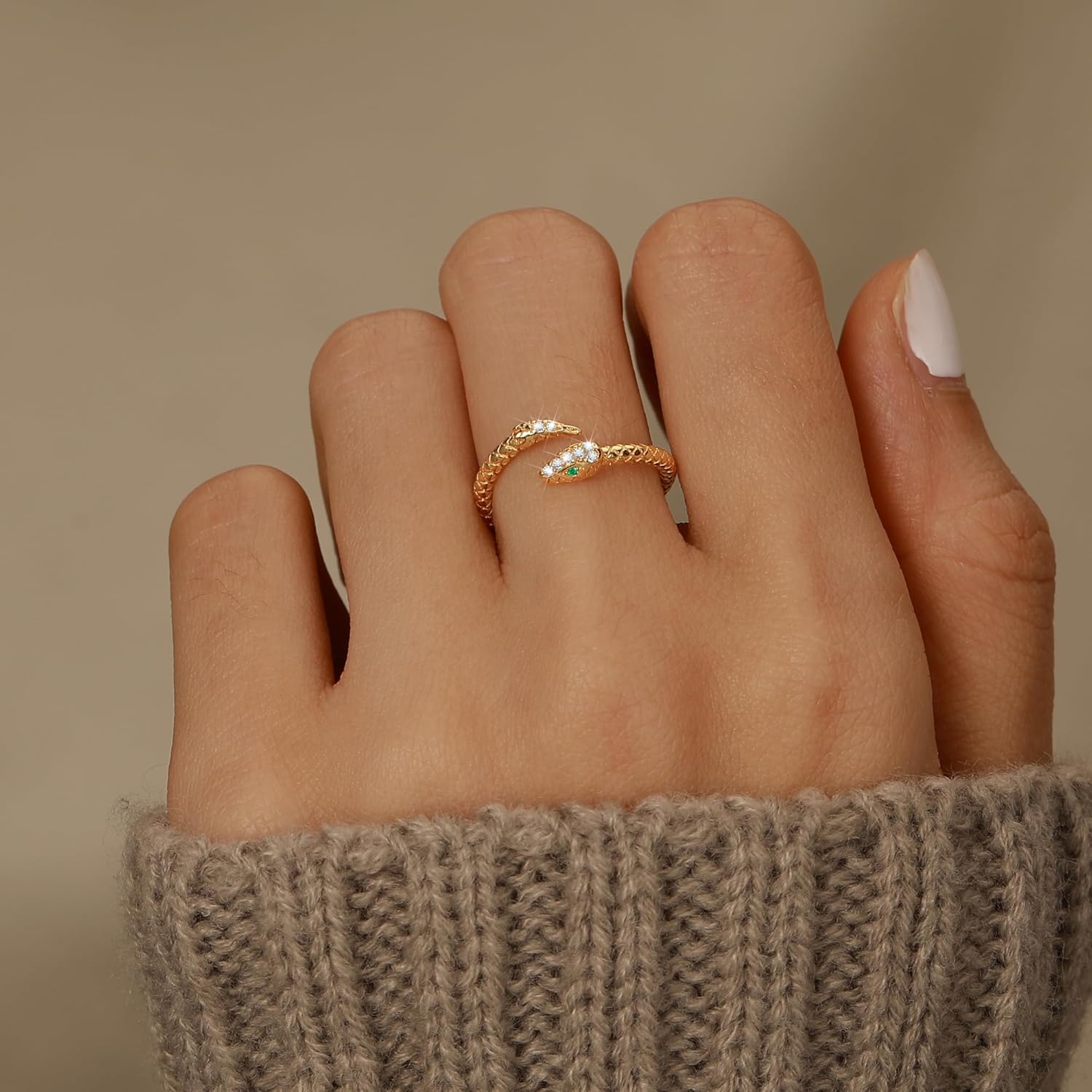 14k Gold Plated Snake Ring for Women Men 925 Sterling Silver Ajustable Open Green CZ Rhinestone Snakes Rings Gothic Retro Animal Ring Fashion Snake Wrap Stacking Statement Band Rings Jewelry Gift for Everyday Wear