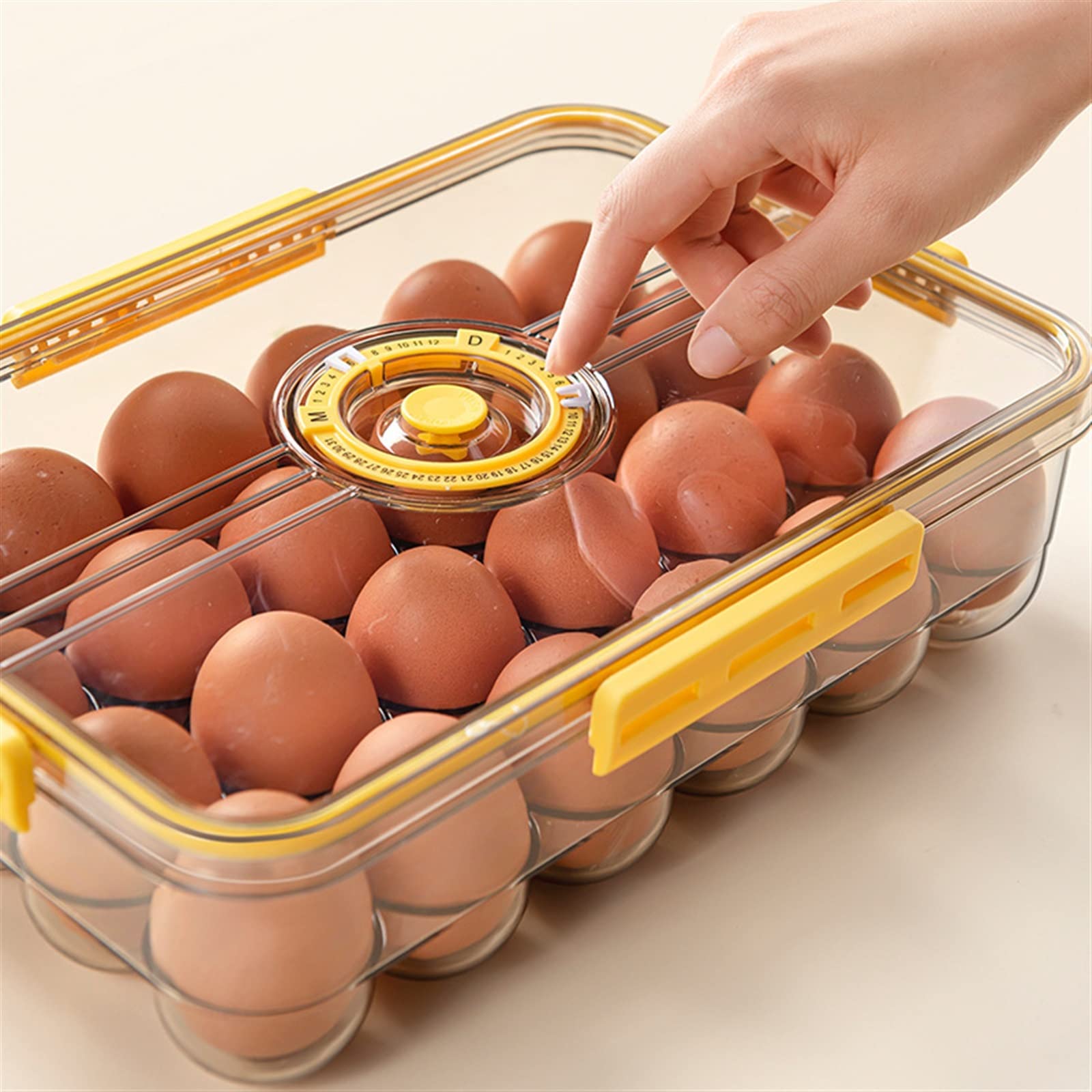 Cesta de Huevos Refrigerador de Cocina Soporte para Huevos Caja de Almacenamiento de Alimentos con Organizador de Tapa Caja de Almacenamiento de Bandeja(Caja de 18 Rejillas Amarilla)