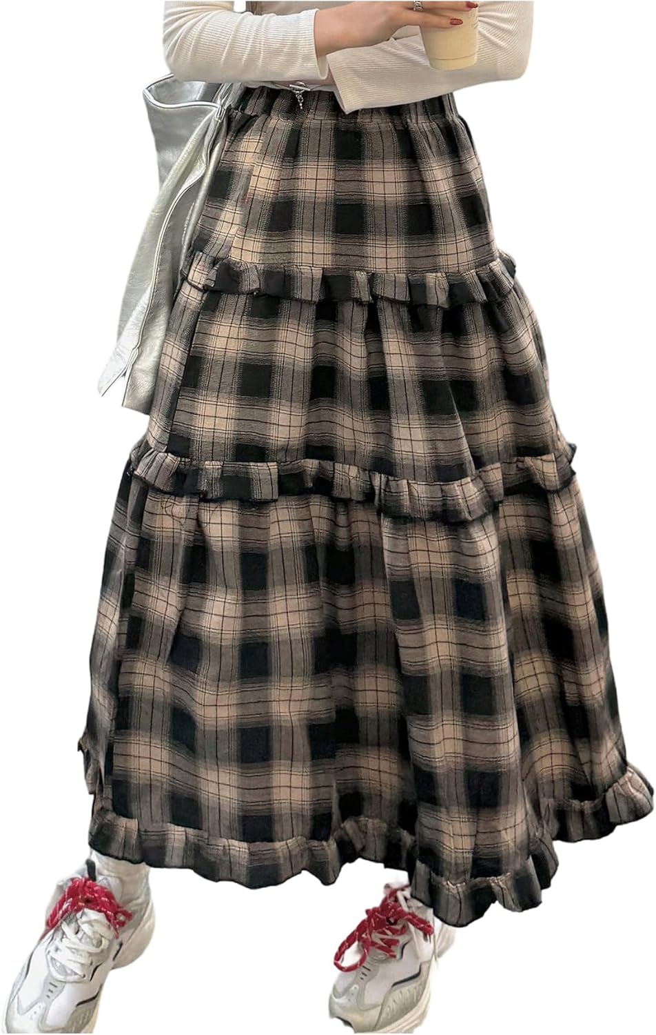 SOLY HUX Women's Plaid Maxi Skirt Elastic High Wasited Tiered Ruffle A Line Flowy Long Skirts