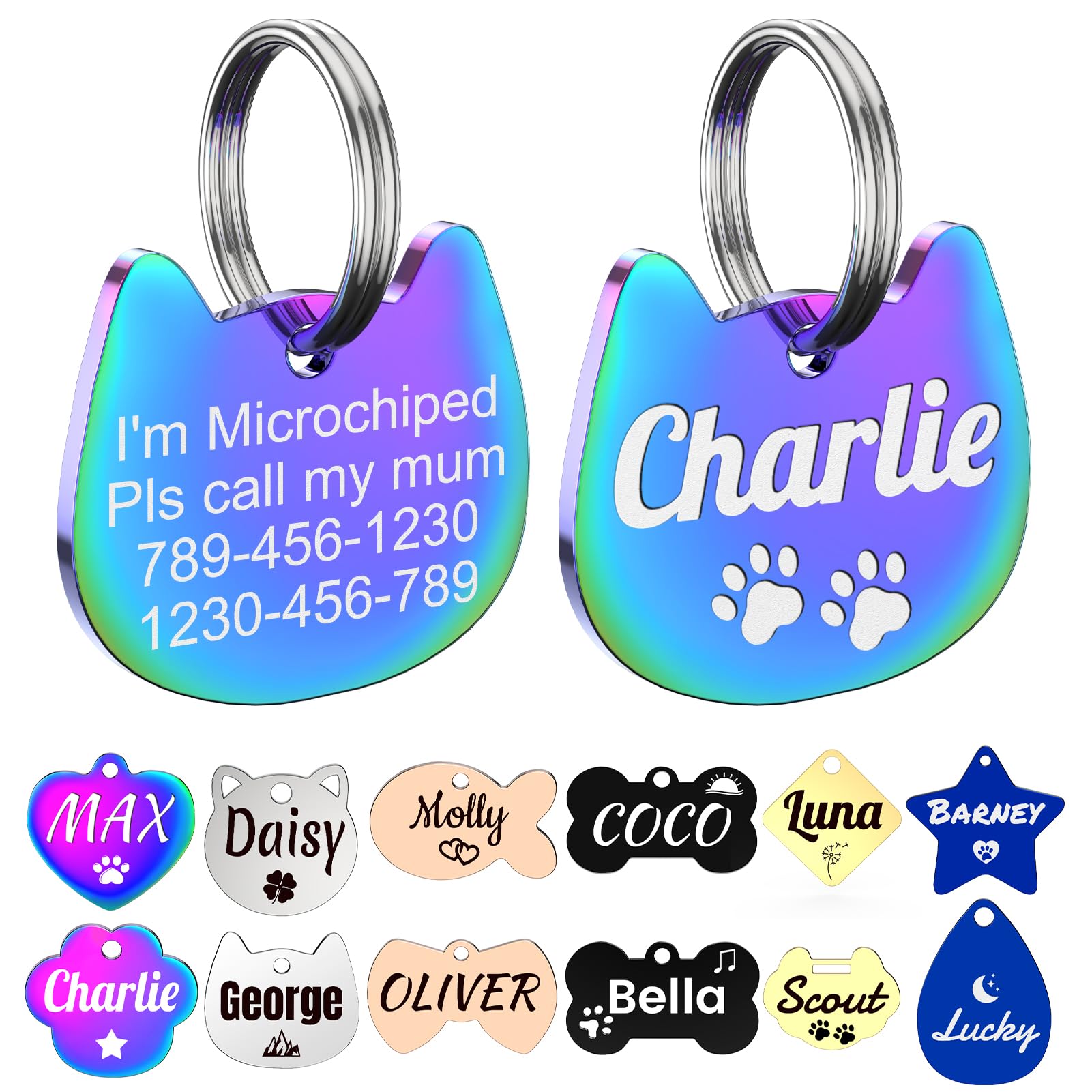 Personalized Stainless Steel Cat Head Tags, Double Sided Engraved Cat Tags, Available in 6 Colors and 13 Shapes, Cat Tag with 24 Personalized Icons, Name, Address, Phone Number