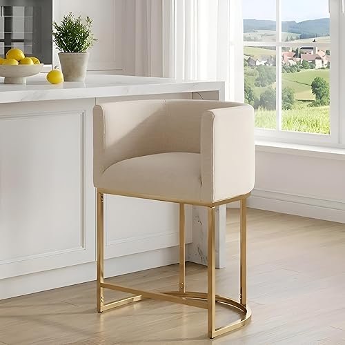 Miniatura 37 de Juego de 4 taburetes de bar contemporáneos de lino color crema, de 32 pulgadas, de tela tapizada, altura de mostrador, taburetes de cocina con base