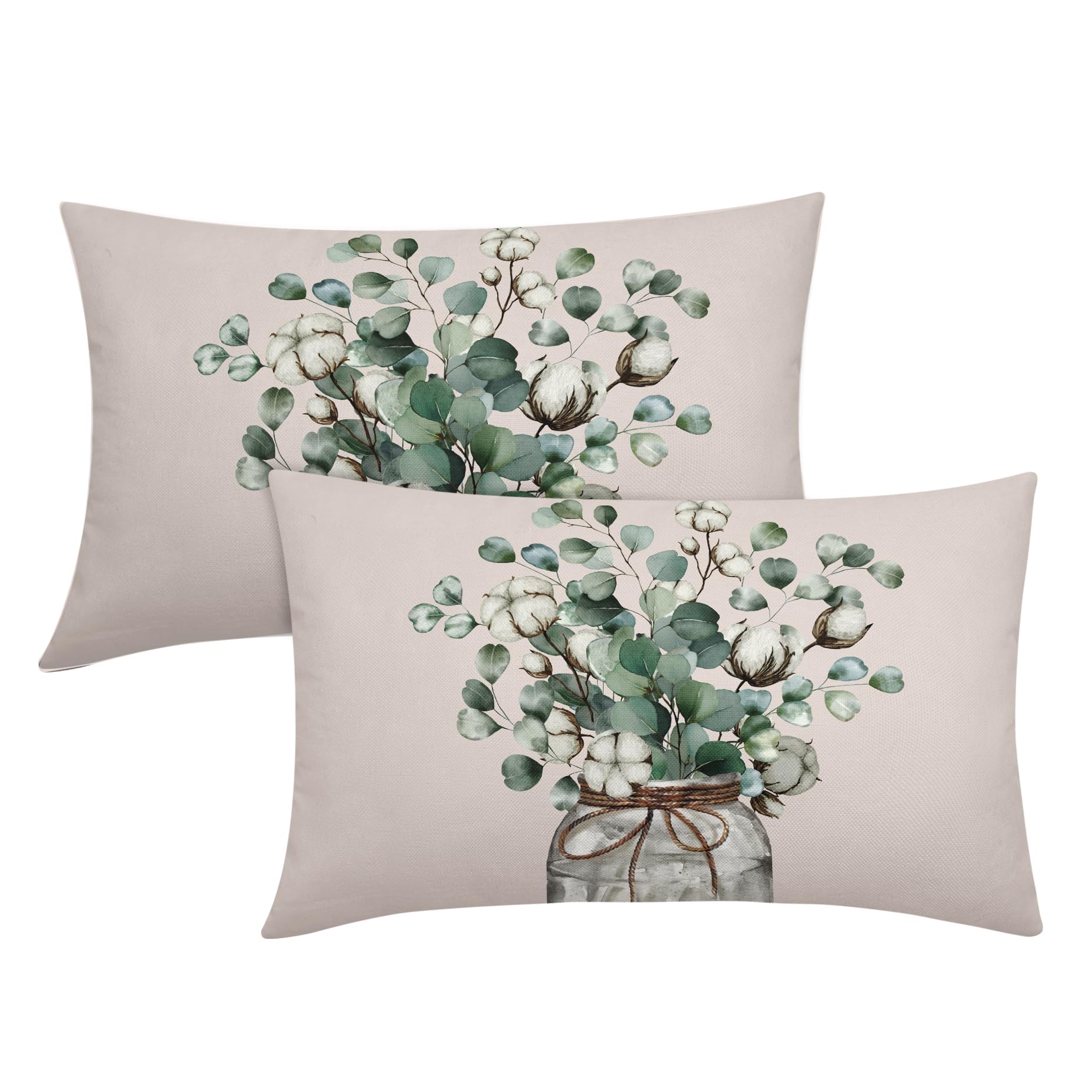 Kawani Spring Summer Sage Green Leaf Lumbar Pillow Covers 12X20 Inch Watercolor Eucalyptus Leaves Floral Vase Decorative Pillow Cases Set of 2 Farmhouse Home Decor for Sofa Couch Cushion Outdoor