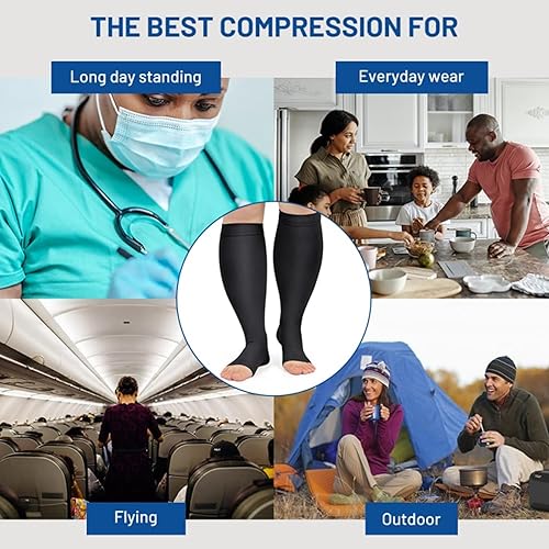 Miniatura 5 de AKSO MEDICOS Calcetines de compresión de talla grande (S-7XL) 20-30 mmHg pantorrilla ancha con punta abierta, medias de compresión para mejorar la